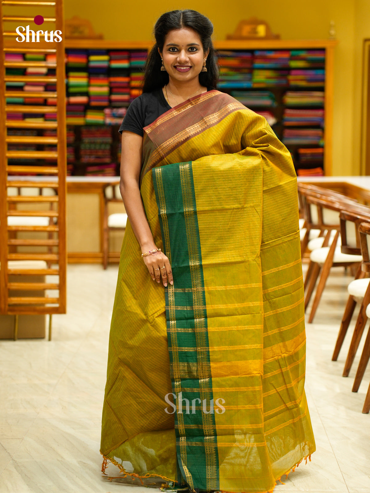 Vivid Mustard Green Chettinad Cotton Saree With Zari Stripes & Ganga Jamuna Rettapet Border