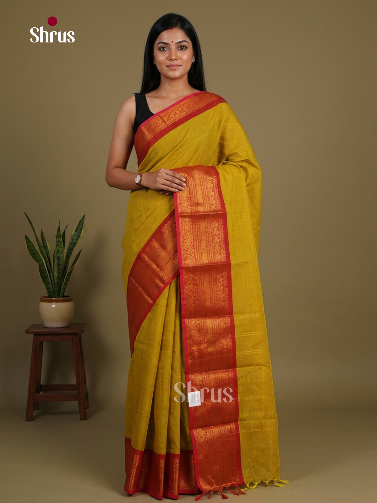 Vivid Mustard Yellow Chettinad Cotton Saree With Plain Body, Red Zari Border & Chit Pallu