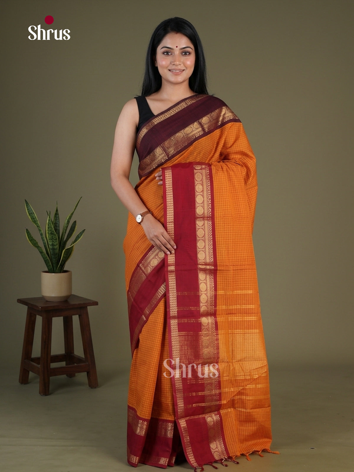 Vivid Mustard Yellow Chettinad Saree With Fine Checks & Ganga Jamuna Rettapet Zari Border
