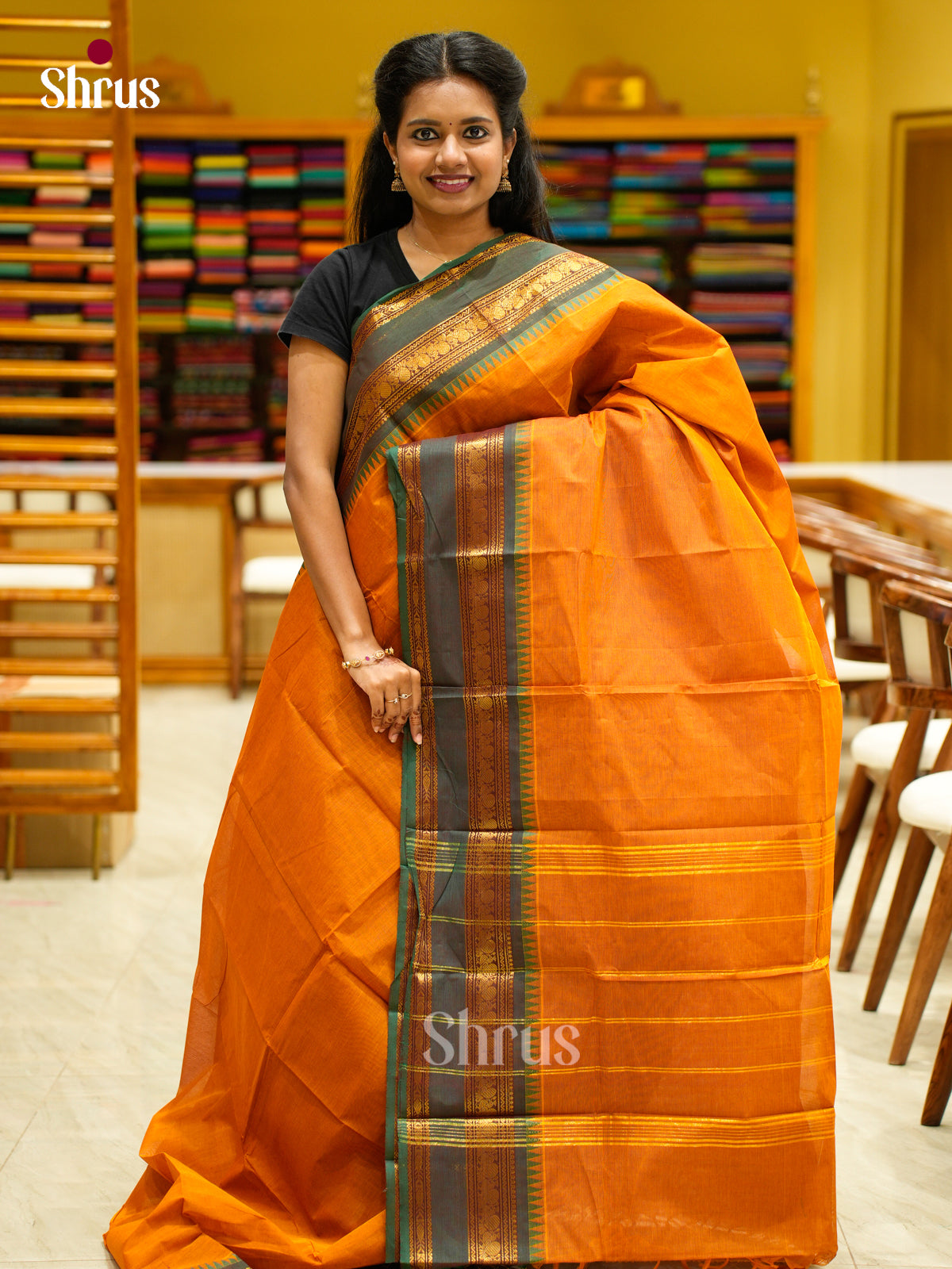 Vivid Orange Chettinad Cotton Saree With Small Buttas & Grey Rettapet Zari Border