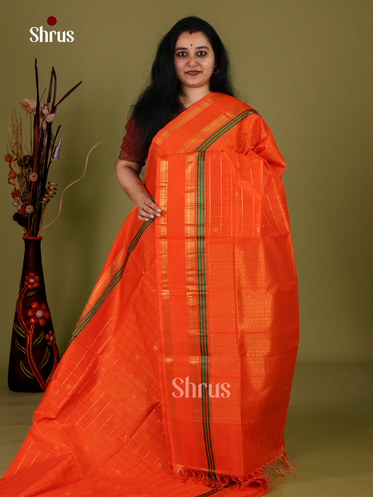 Vivid Orange Cotton Silk Saree With Golden Checks, Buttas, Self Rettapet Border & Traditional Pallu