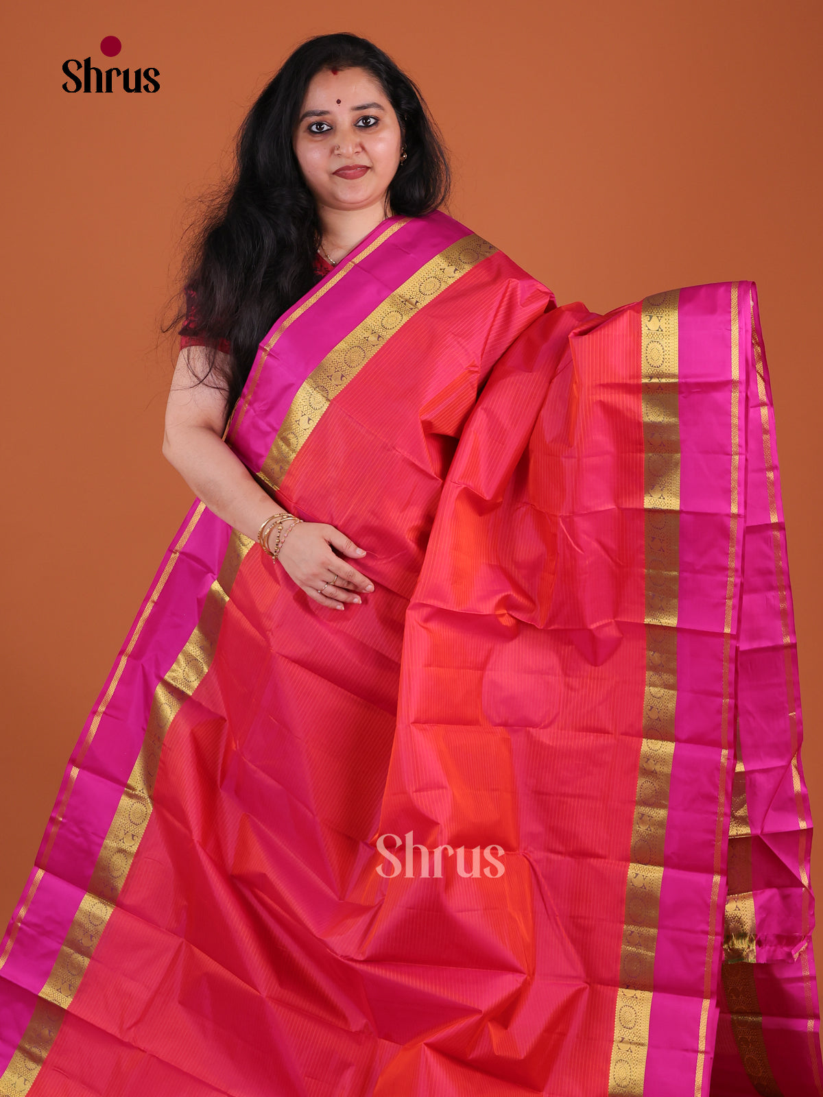 Vivid Orangish Red Kanchipuram Pattu Saree With Self Stripes | Magenta Zari Border & Chit Pallu