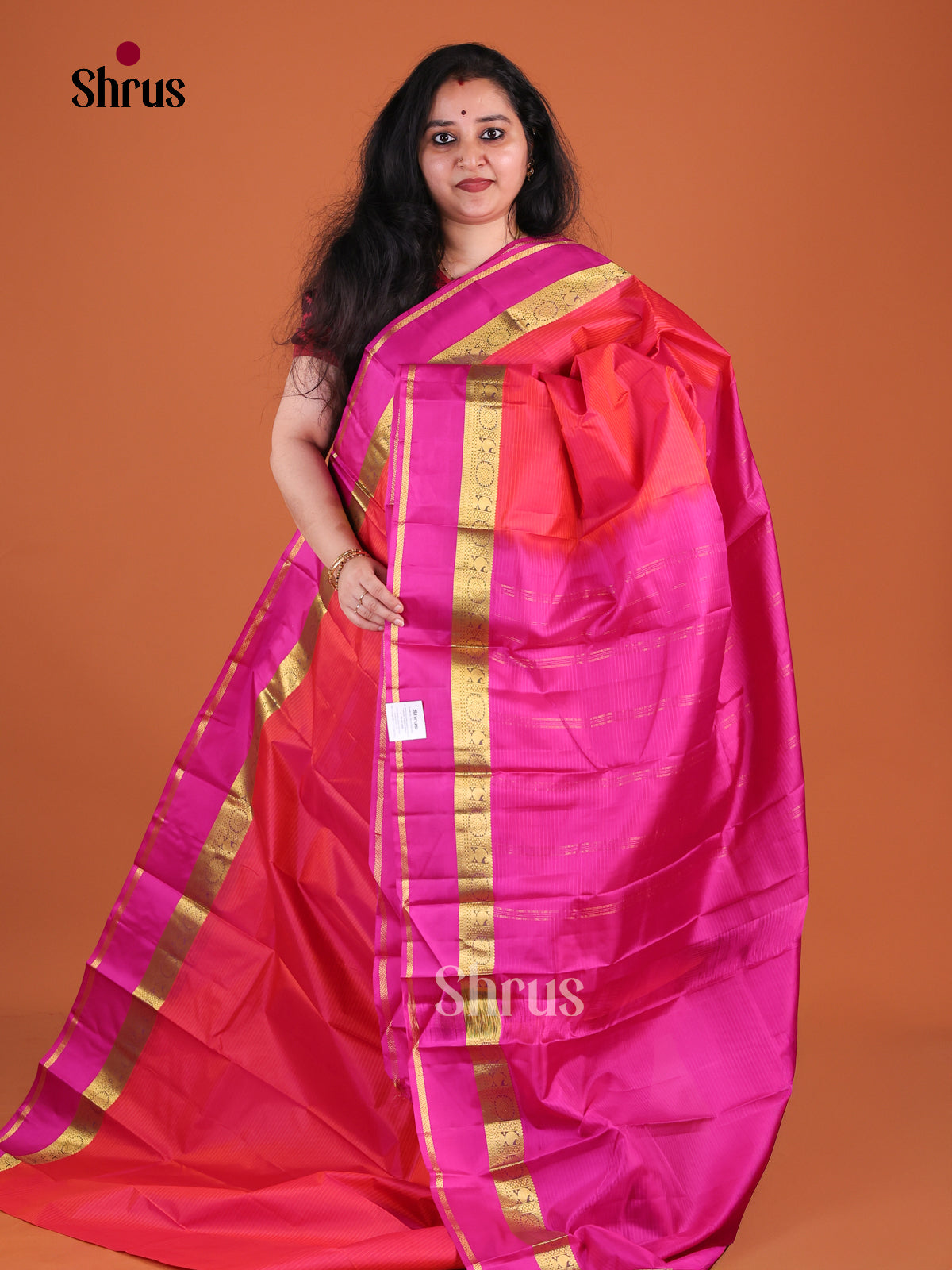 Vivid Orangish Red Kanchipuram Silk Saree With Self Stripes | Magenta Zari Border & Chit Pallu