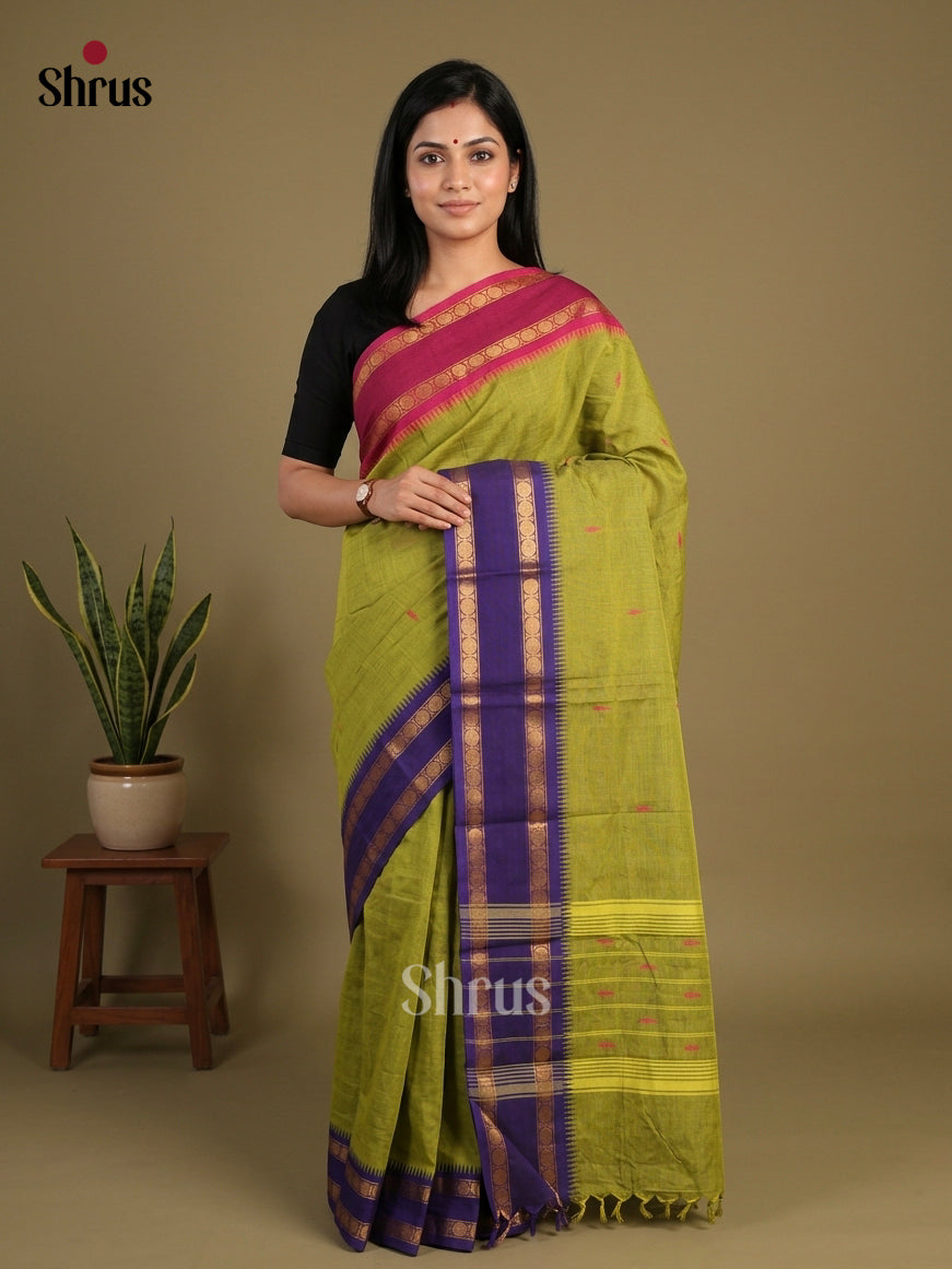 Vivid Parrot Green Chettinad Cotton Saree With Thread Buttas & Ganga Jamuna Temple Zari Border