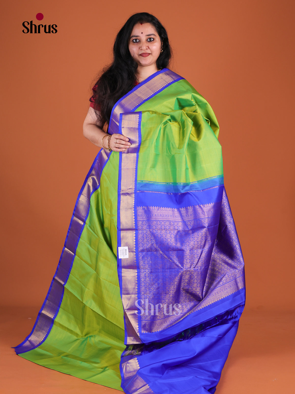 Vivid Parrot Green Kanchipuram Silk Saree With Plain Body | Royal Blue Temple Zari Border & Brocade Pallu