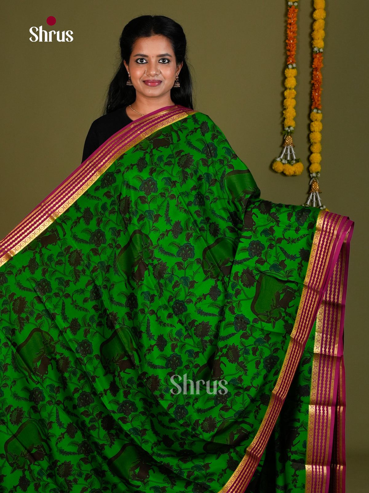 Buy Vivid Parrot Green Mysore Silk Sarees with Floral Print, Magenta Zari Striped Border & Chit Pallu