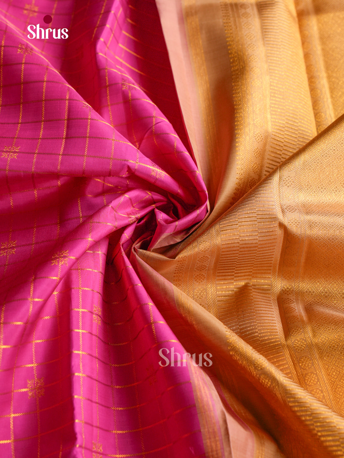 Vivid Pink Pattu Saree With Gold Checks & Buttas | Golden Zari Border & Pallu