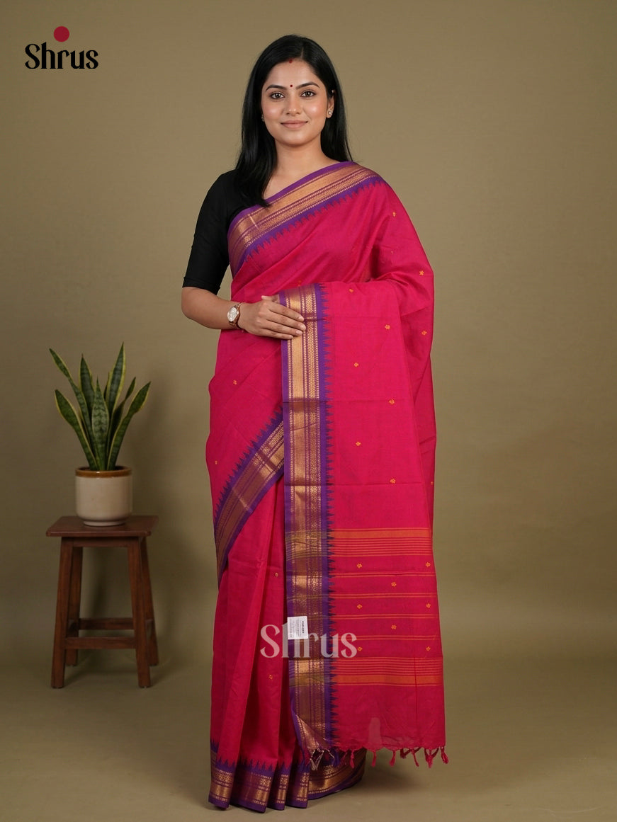 Vivid Rani Pink Chettinad Cotton Saree With Thread Buttas & Violet Temple Zari Border