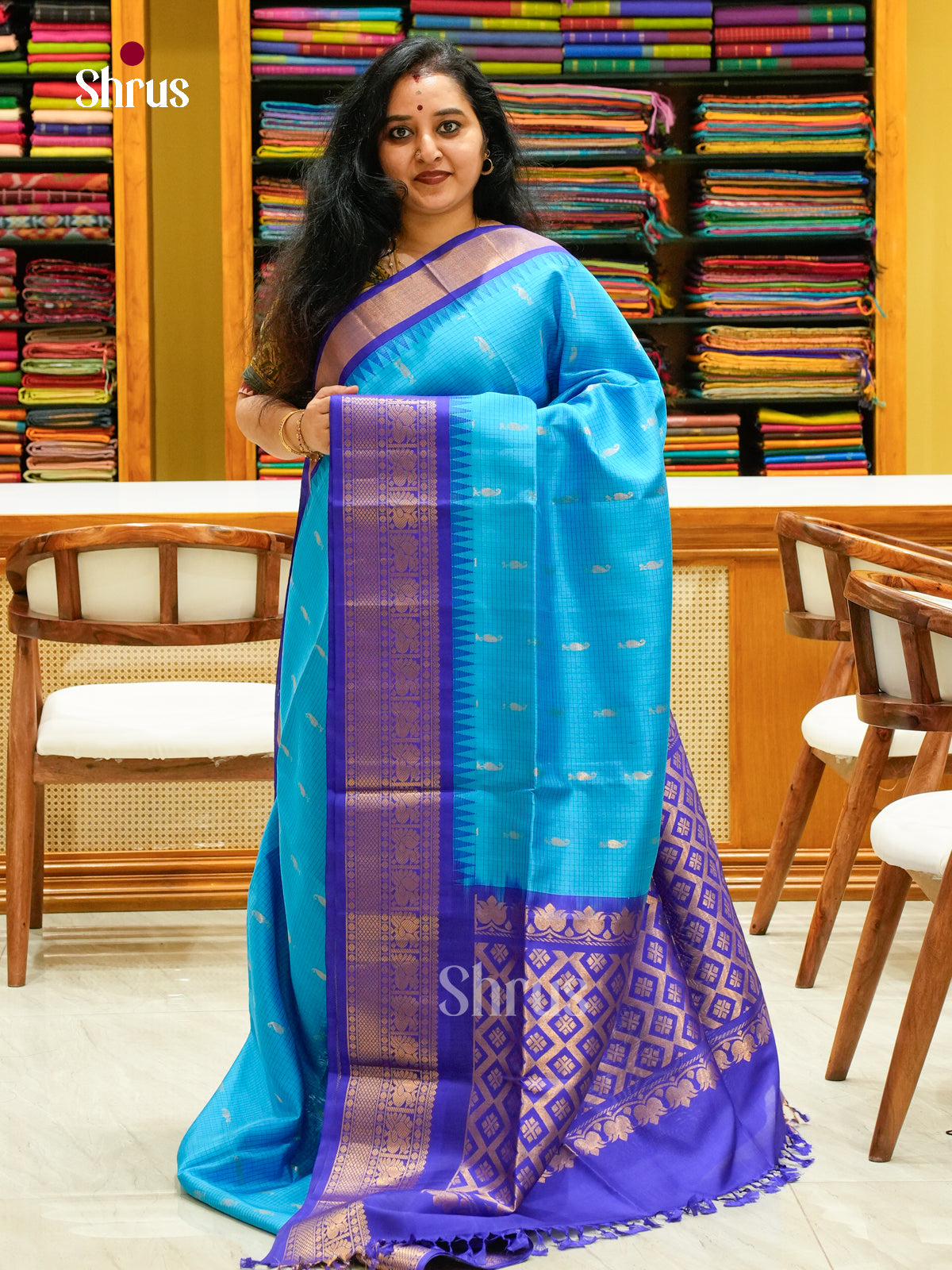 Vivid Sky Blue Soft Silk Saree with Checks & Manga Buttas | Indigo Blue Temple Zari Border