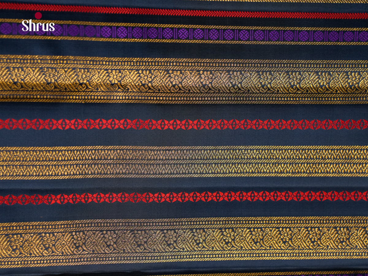 Vivid Yellow Kanchipuram Pattu Saree With Round Buttas | Navy Blue With Colorful Thread Striped Bands