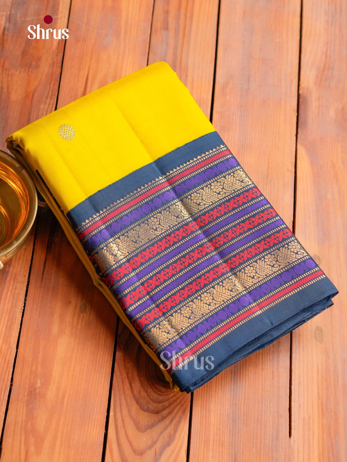 Vivid Yellow Kanchipuram Saree With Round Buttas | Navy Blue With Colorful Thread Striped Bands