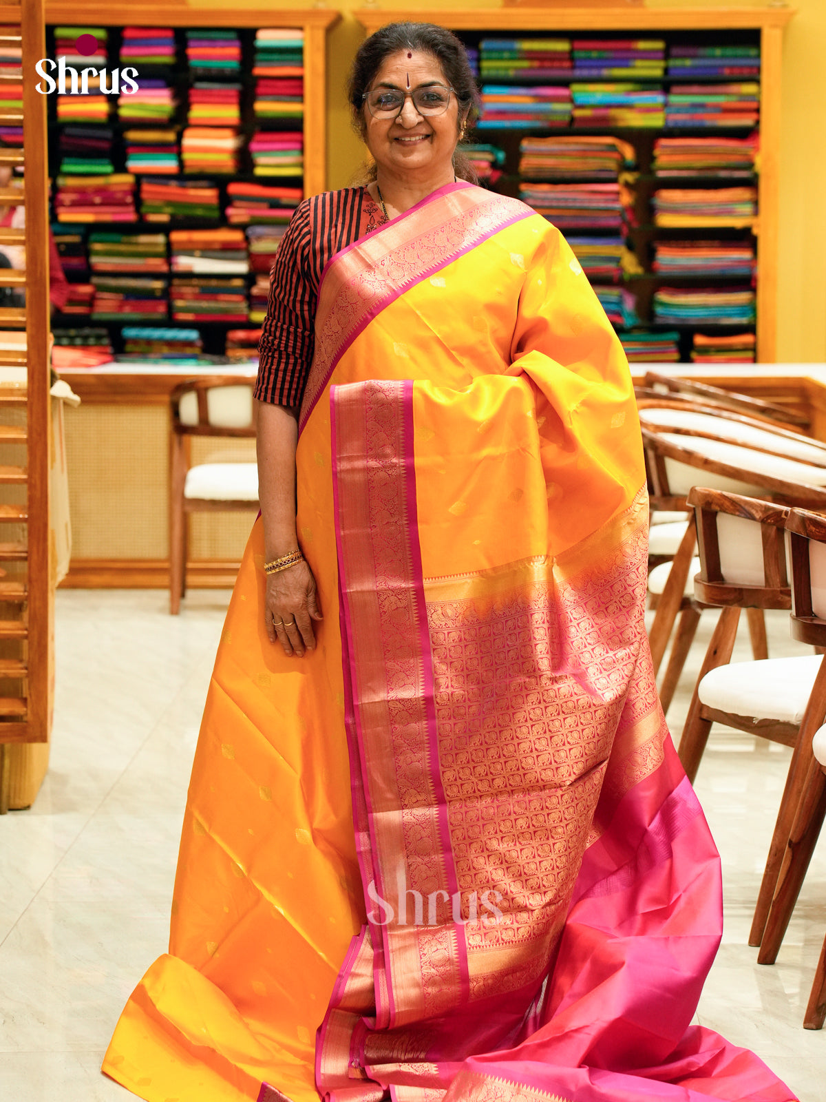 Vivid Yellow Kanchipuram silk Saree With Zari Buttas | Pink Temple Zari Border & Brocade Pallu
