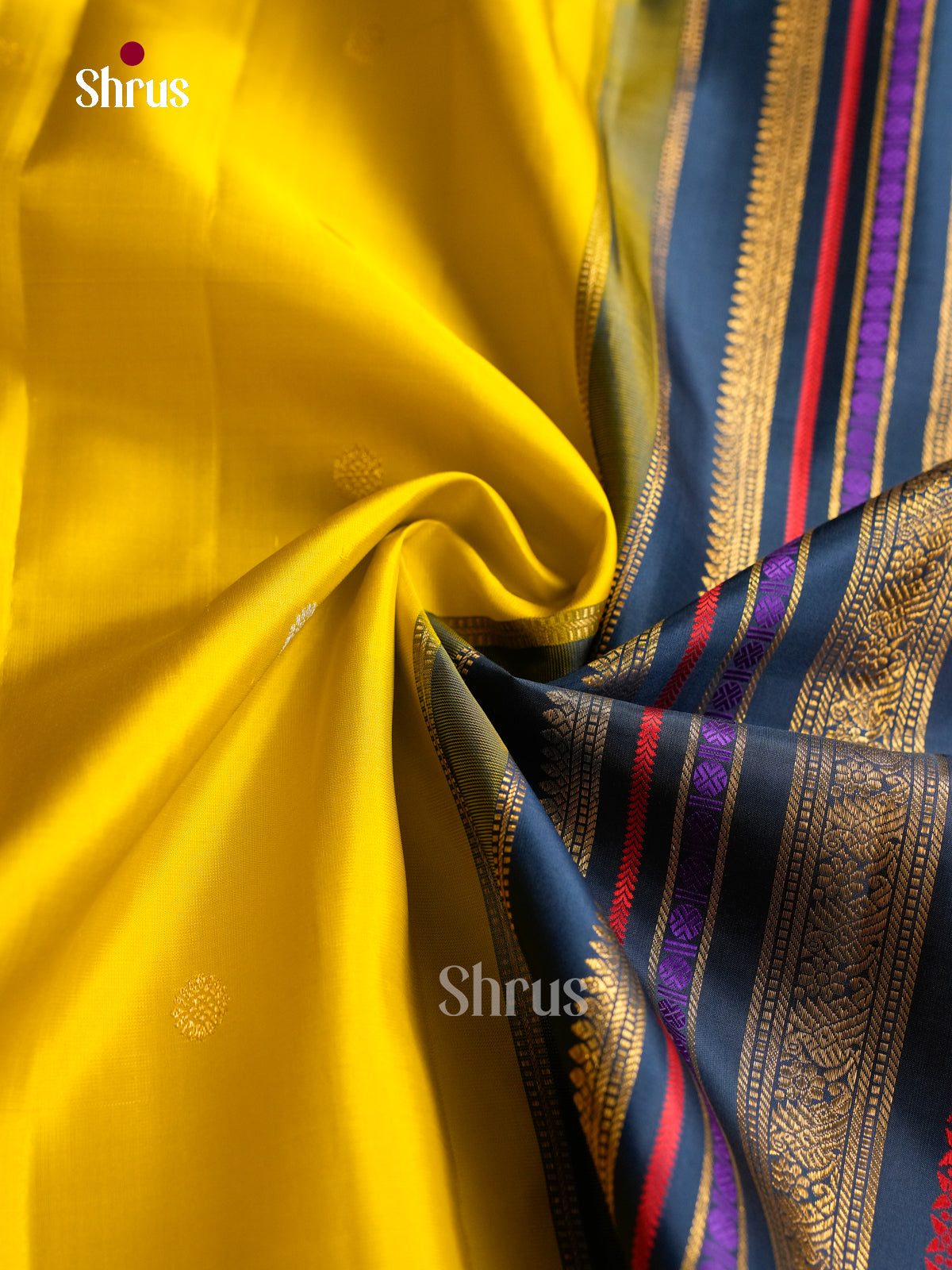 Vivid Yellow Pattu Saree With Round Buttas | Navy Blue With Colorful Thread Striped Bands