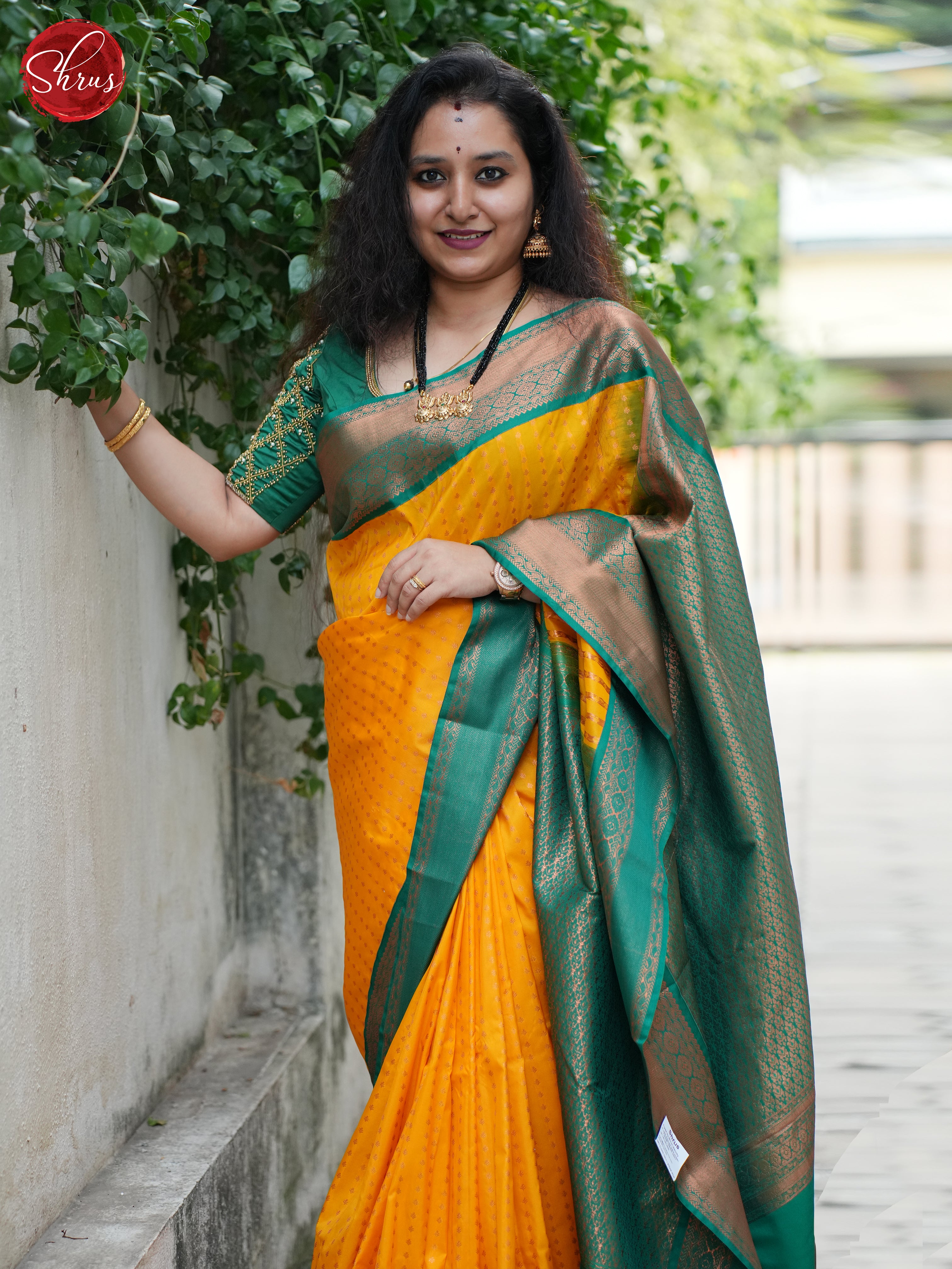 Yellow & Green - Semi Kanchipuram Saree - Shop on ShrusEternity.com