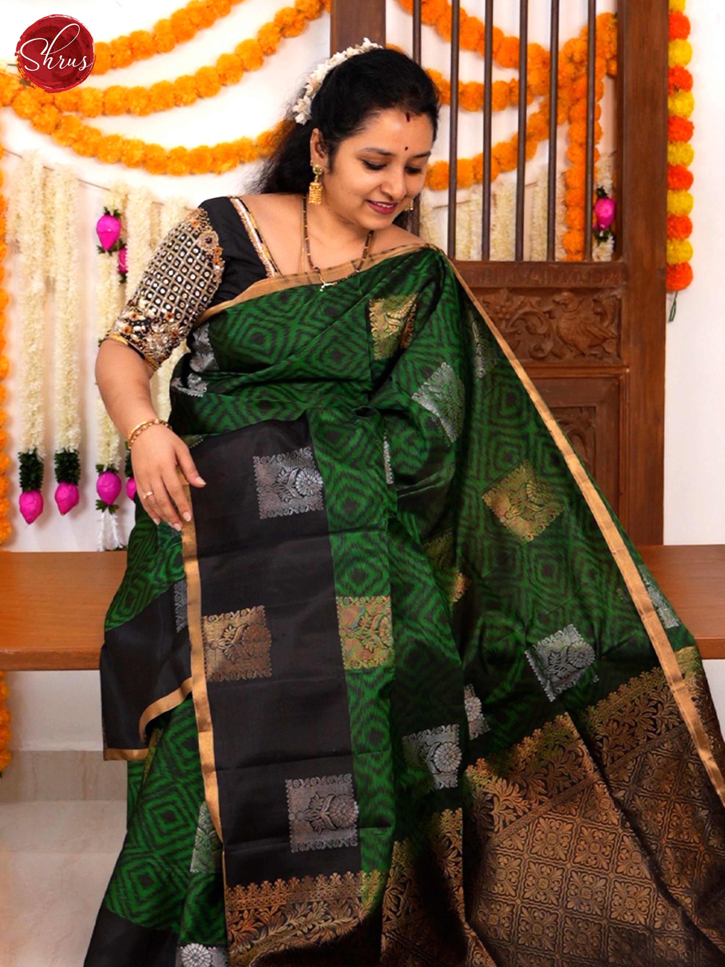 Green and black - Soft Silk Saree - Shop on ShrusEternity.com