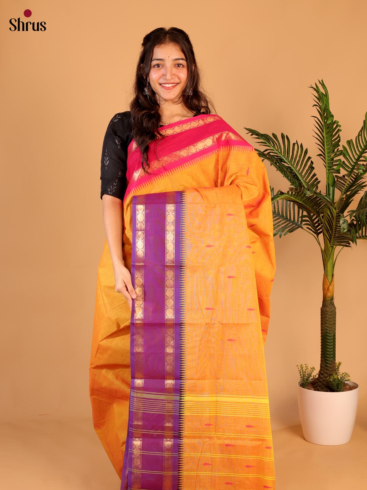Warm Golden Yellow Chettinad Cotton Saree With Thread Buttas & Rettapet Zari Border