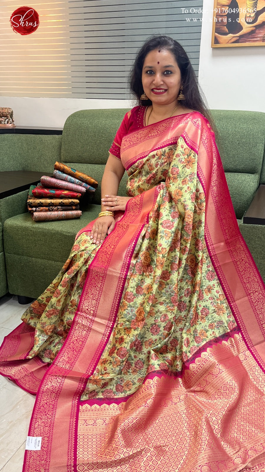 Green & Pink - Art Gadwal with floral print on the body & Contrast Zari Border - Shop on ShrusEternity.com