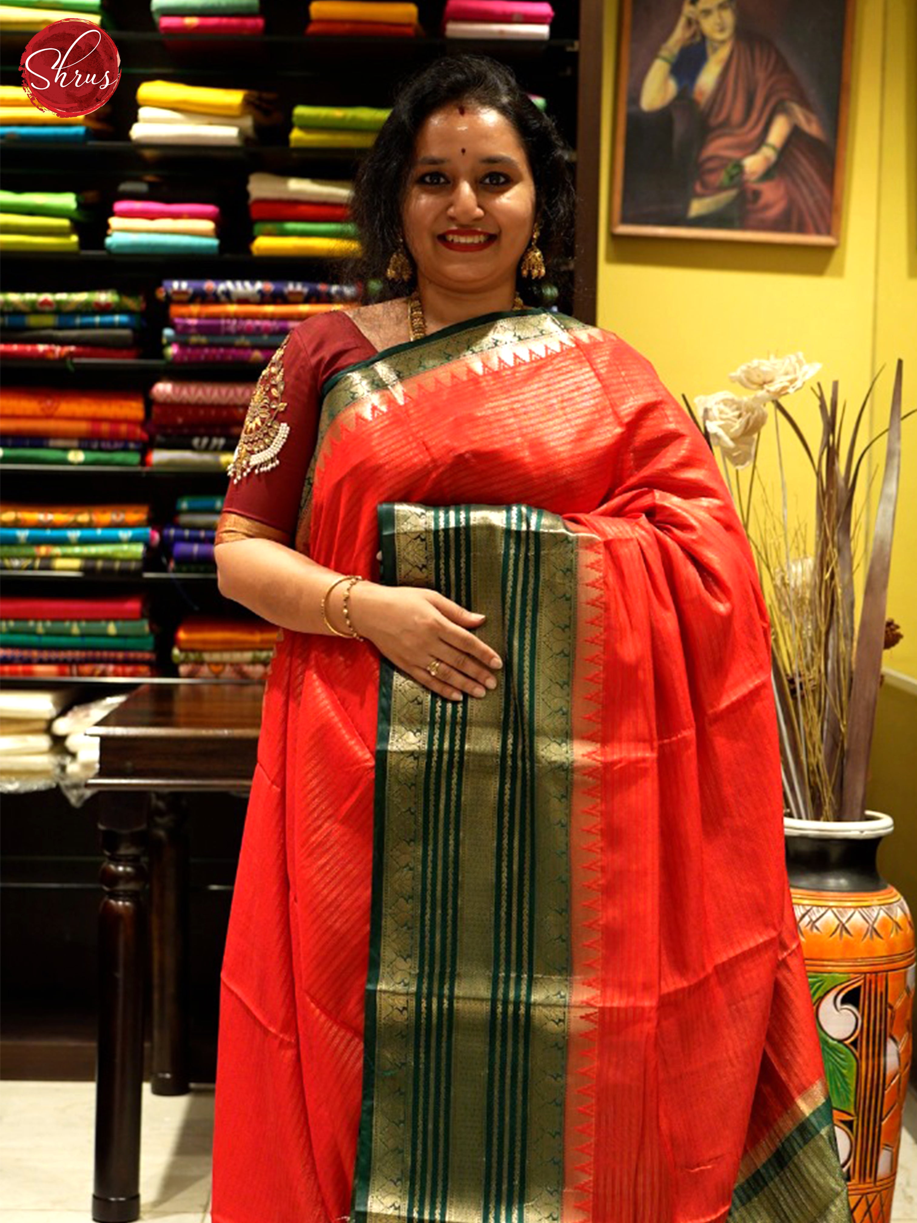 Red & Green - Semi Dupion Saree - Shop on ShrusEternity.com