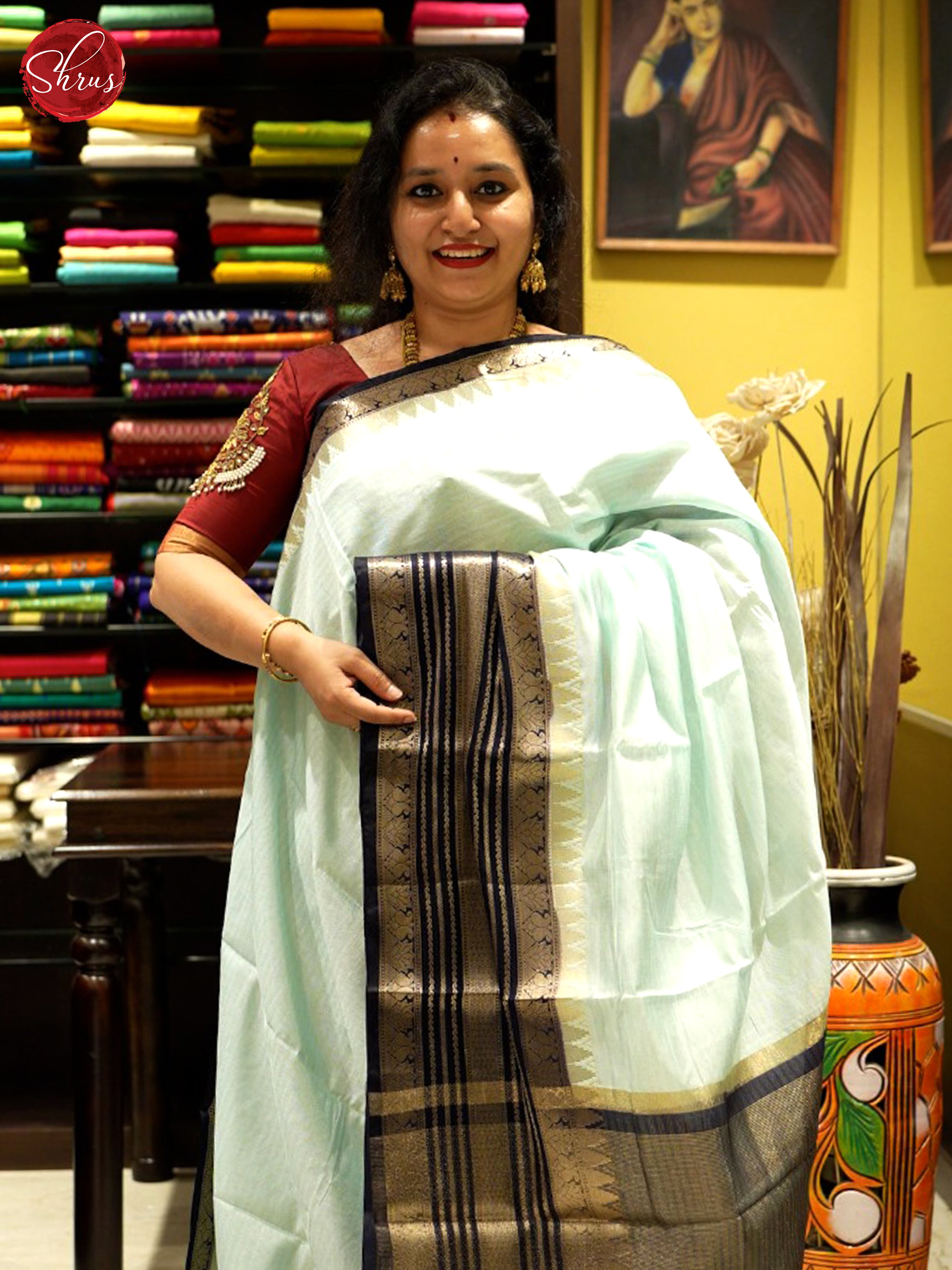 Light Blue & Blue - Semi Dupion Saree - Shop on ShrusEternity.com