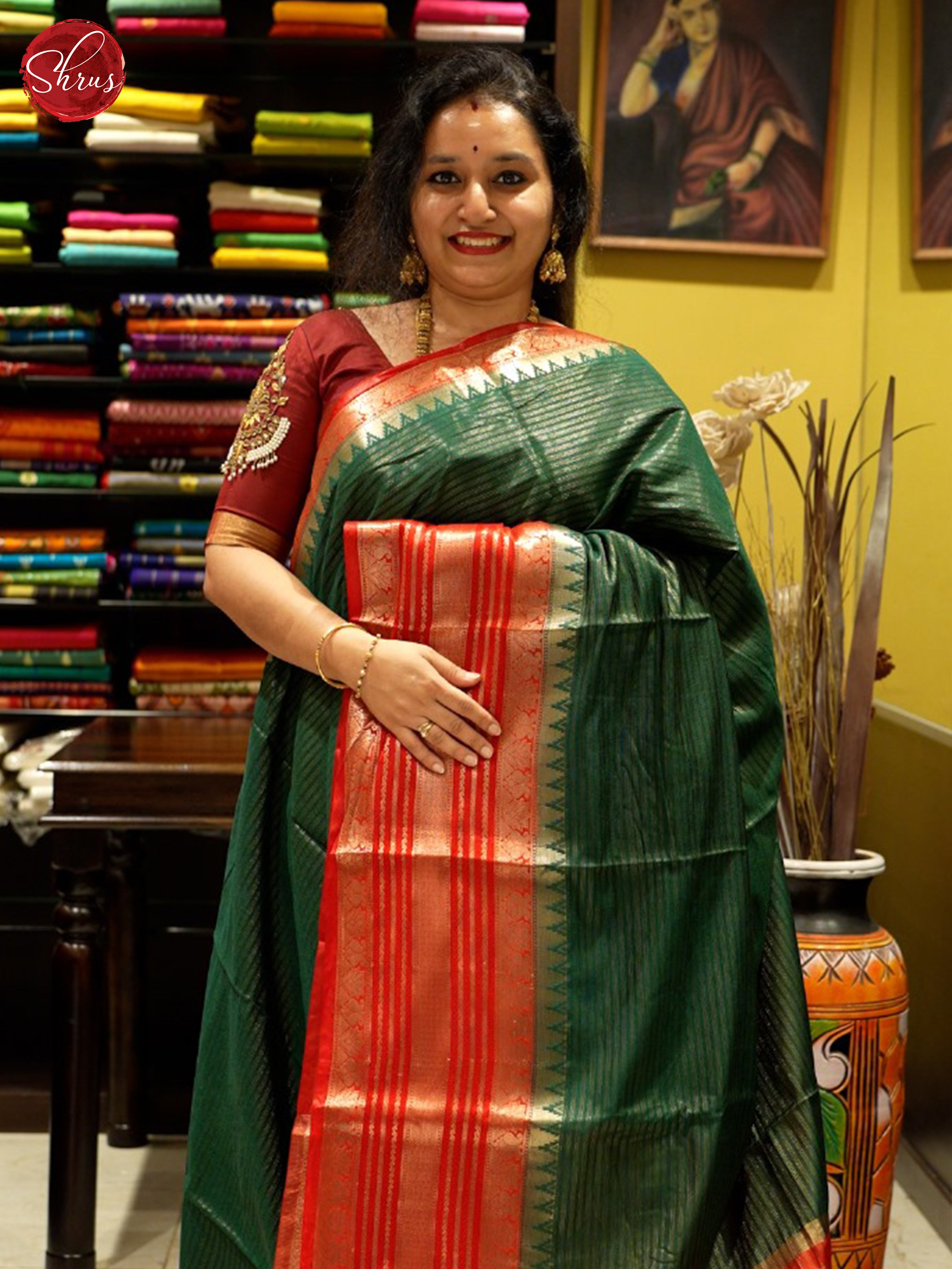 Green & Red  - Semi Dupion Saree - Shop on ShrusEternity.com