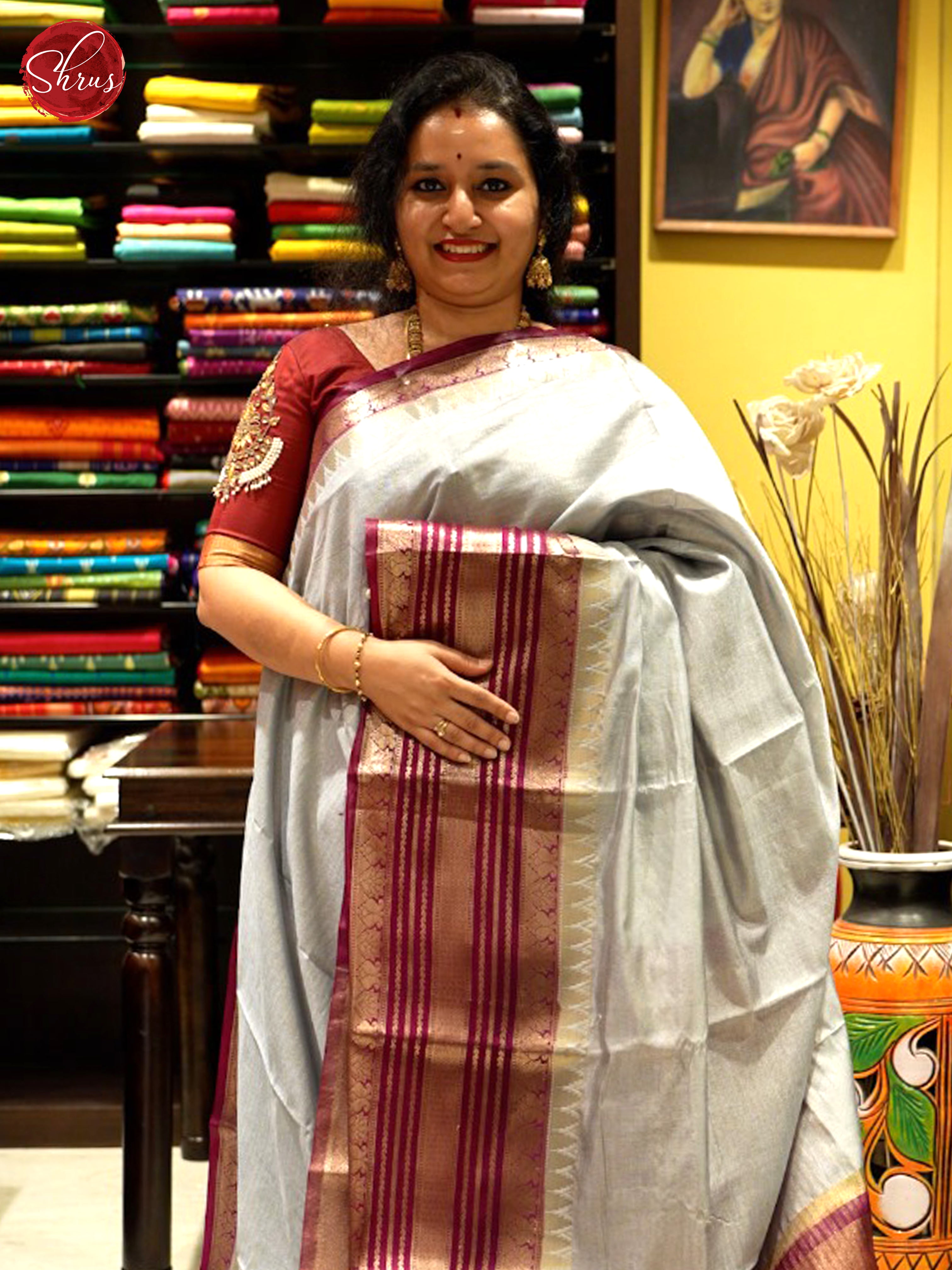 Grey & Wine - Semi Dupion Saree - Shop on ShrusEternity.com