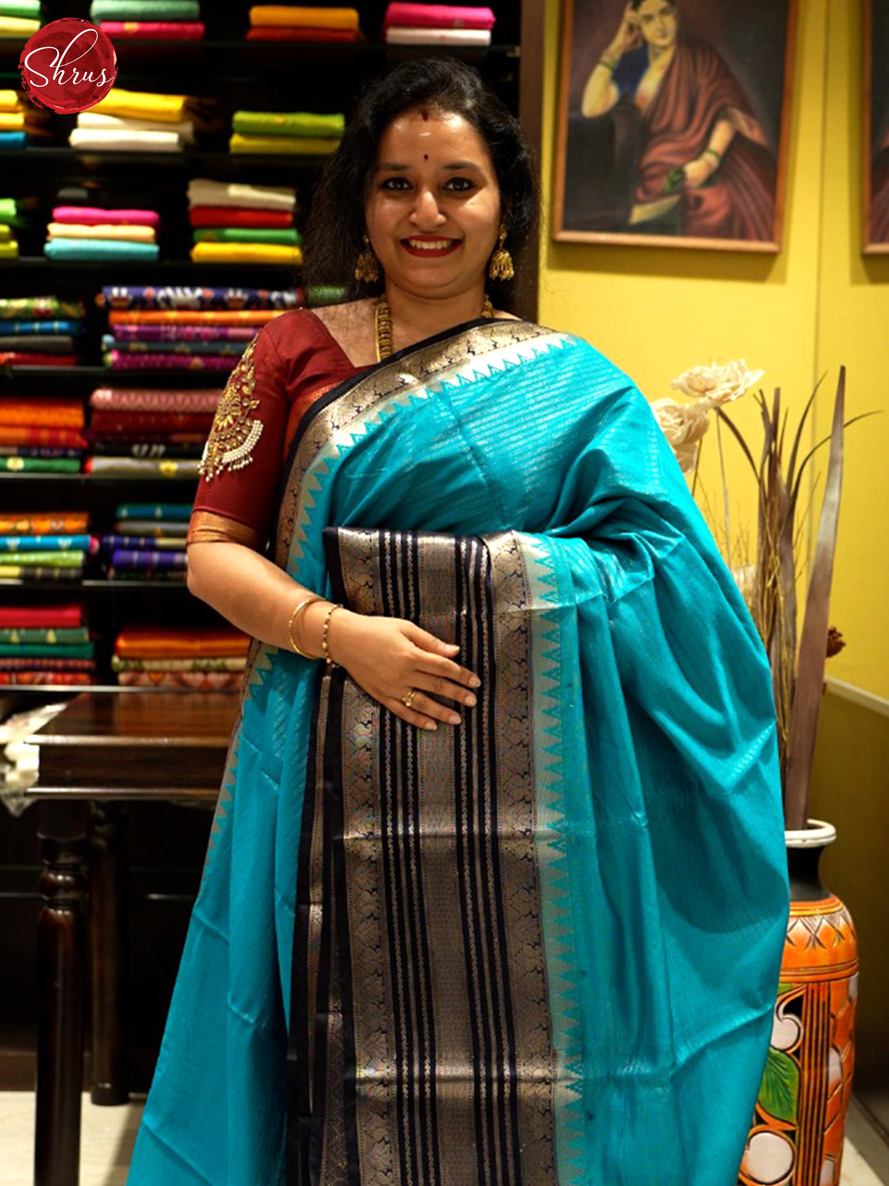 Teal & Blue - Semi Dupion Saree - Shop on ShrusEternity.com