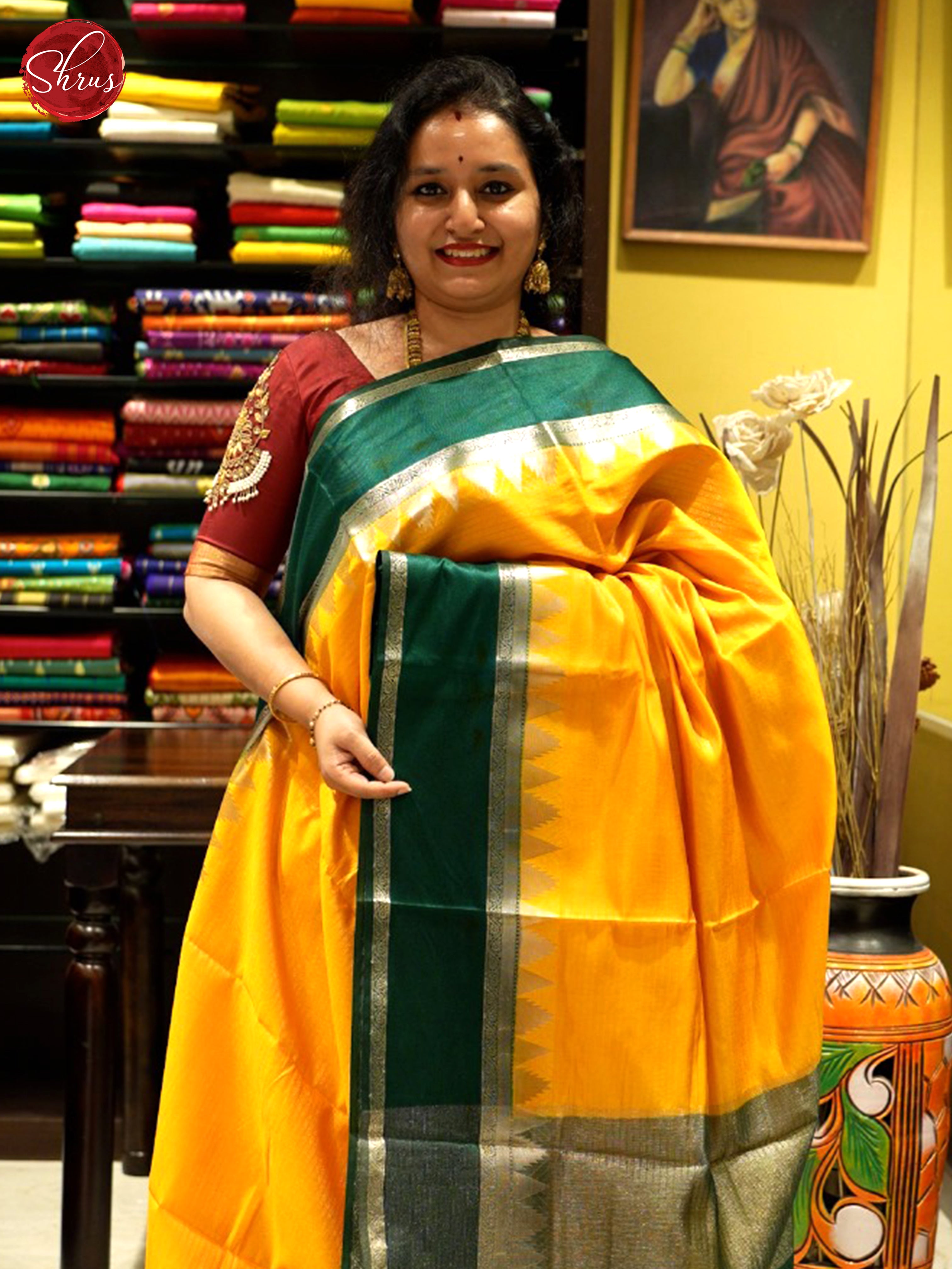 Yellow & Green - Semi Dupion Saree - Shop on ShrusEternity.com