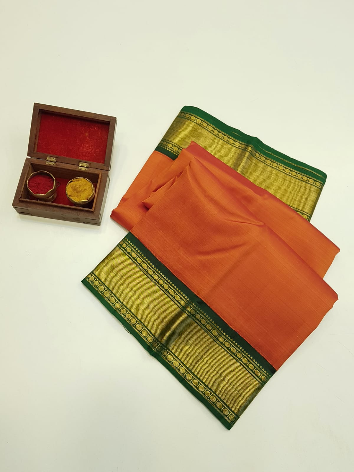 Orange And Green-Kanchipuram Silk saree - Shop on ShrusEternity.com