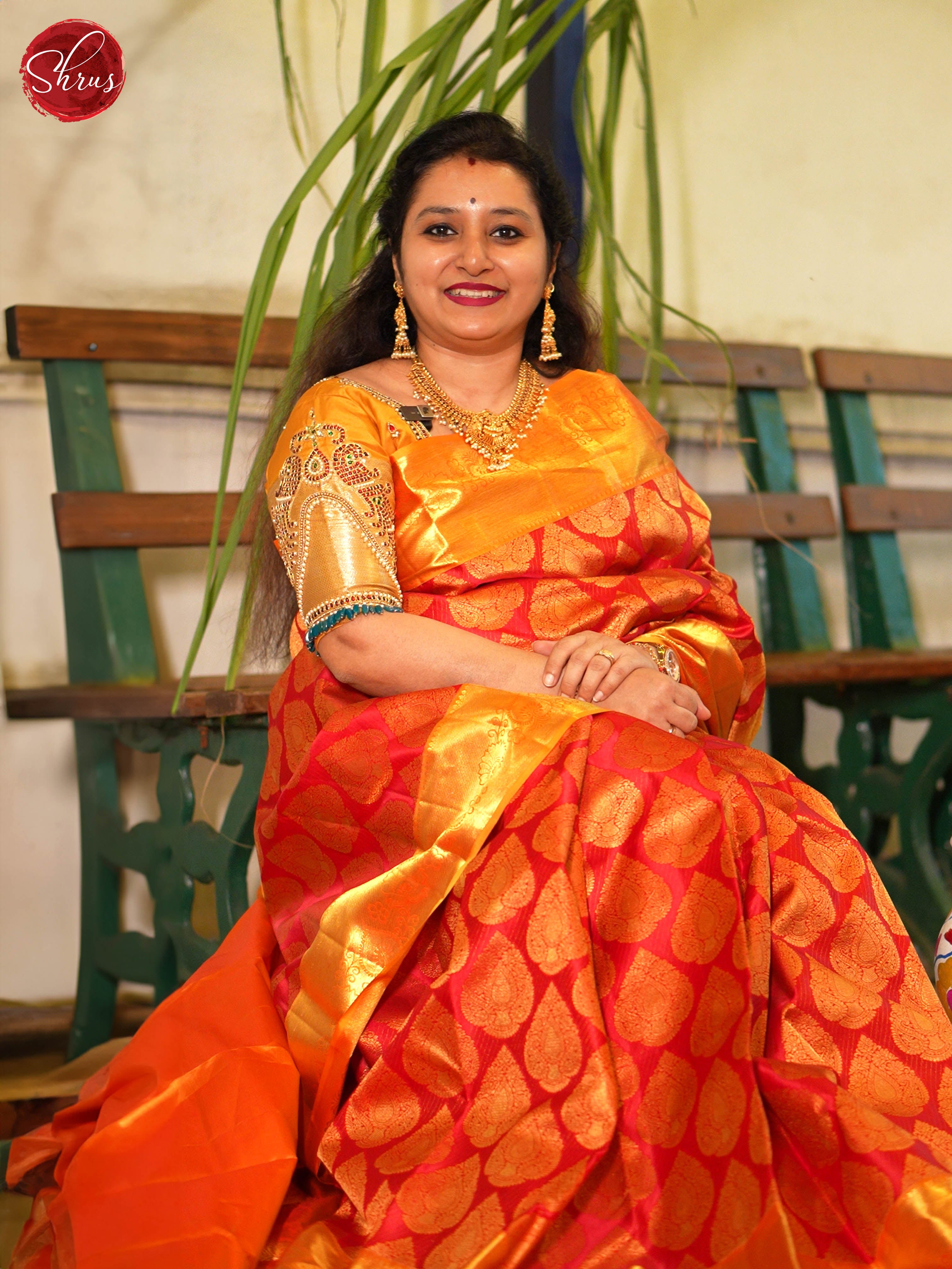 Red and mustard-Kanchipuram Silk Saree - Shop on ShrusEternity.com