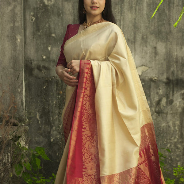 Cream Saree With Maroon Colour Border Weaved With Copper Zari Banarasi  Beautiful Zari Work In Form Of Traditional Motifs Soft Silk Saree