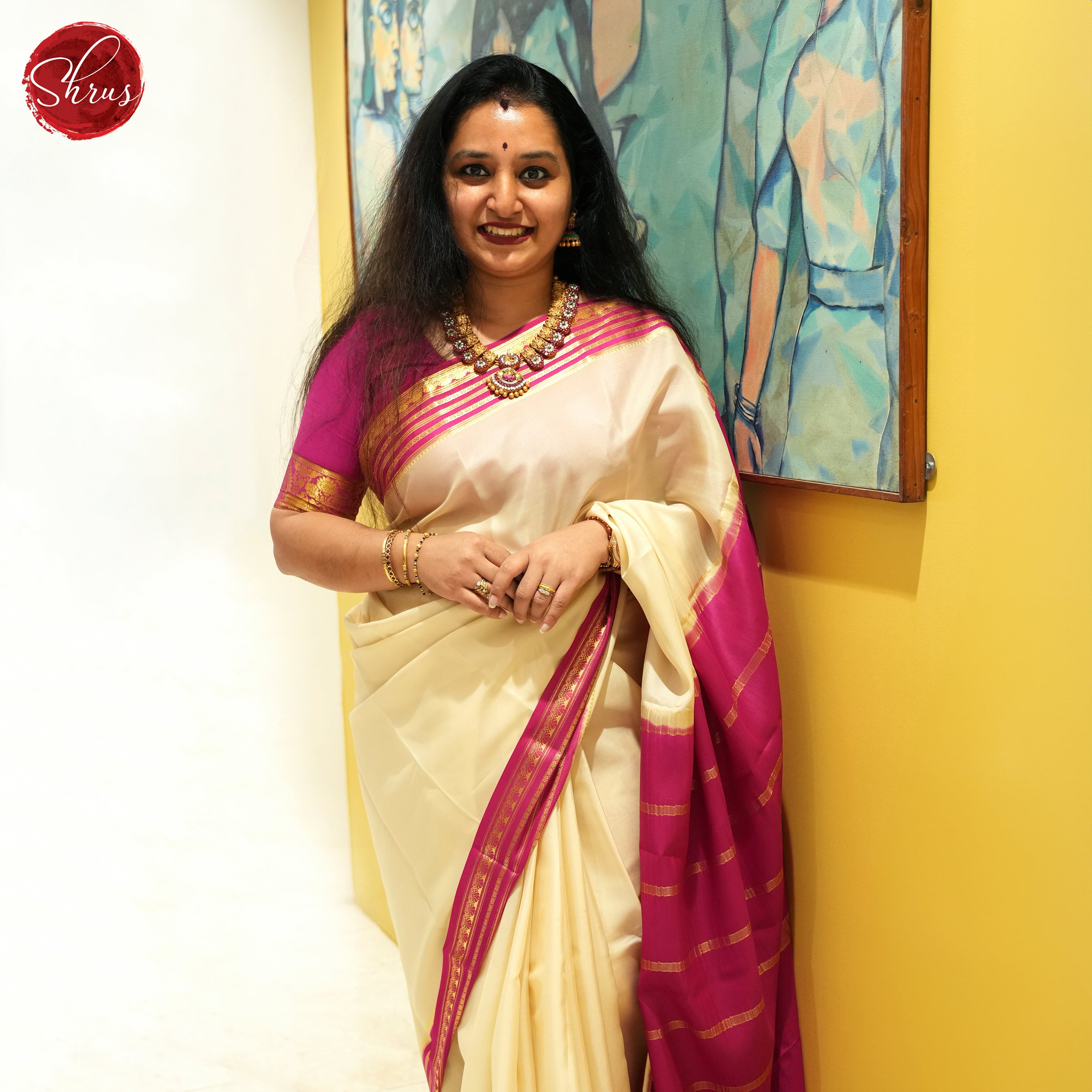 Cream And Pink- Mysore Silk Saree - Shop on ShrusEternity.com