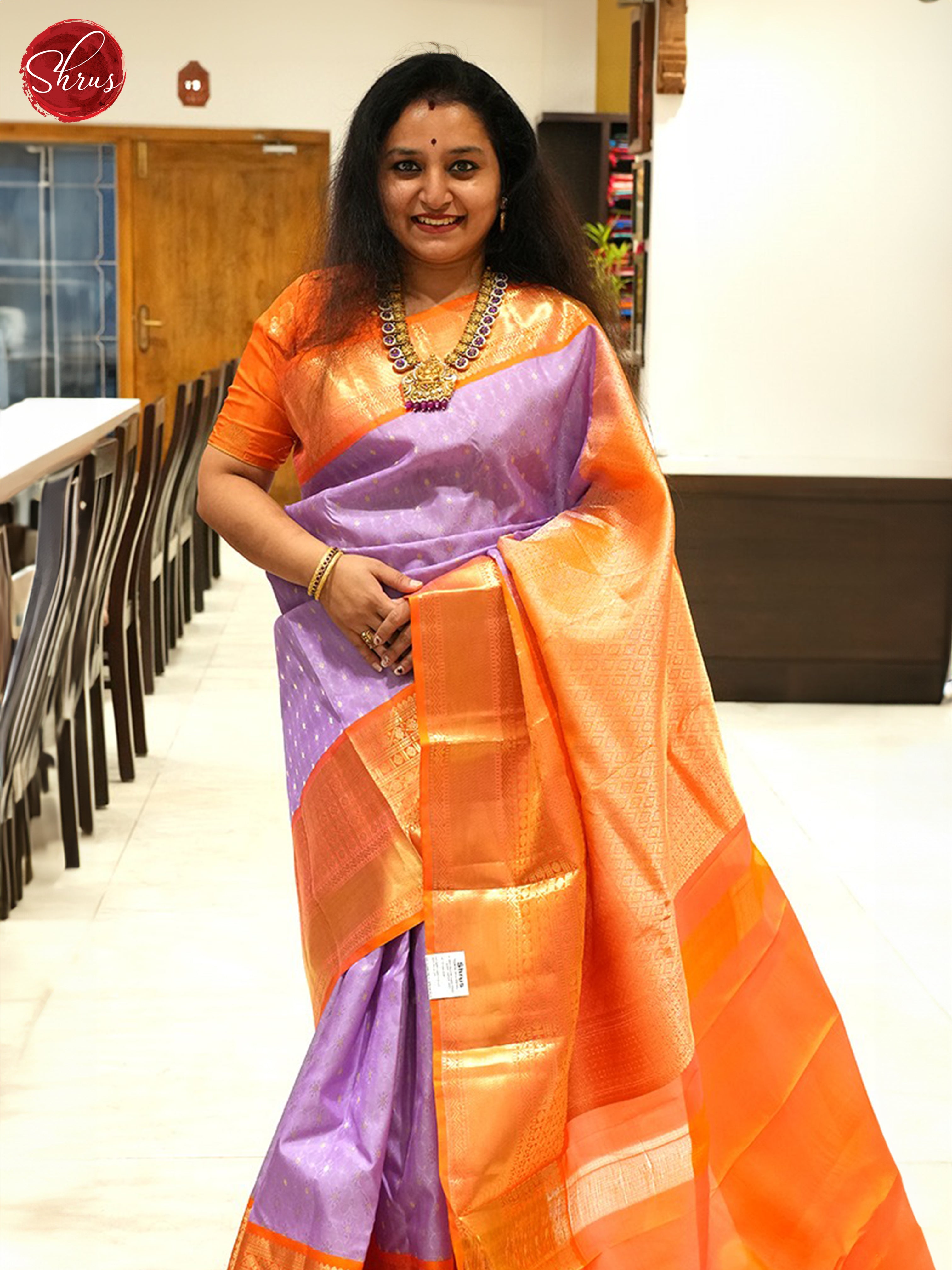 Lavender And Orange-Kanchipuram Silk Saree - Shop on ShrusEternity.com