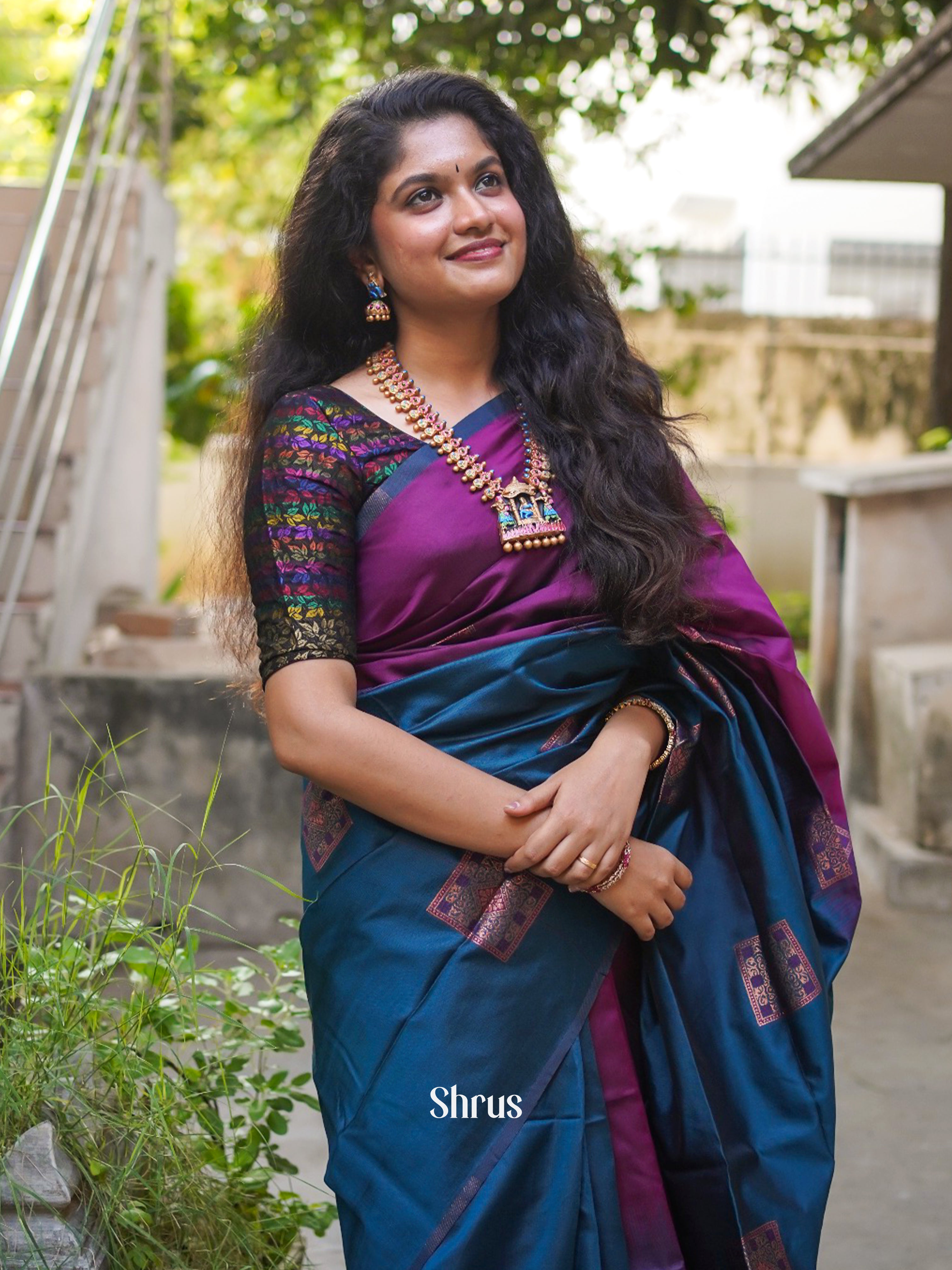 Blue And Wine- Semi Soft Silk Saree - Shop on ShrusEternity.com