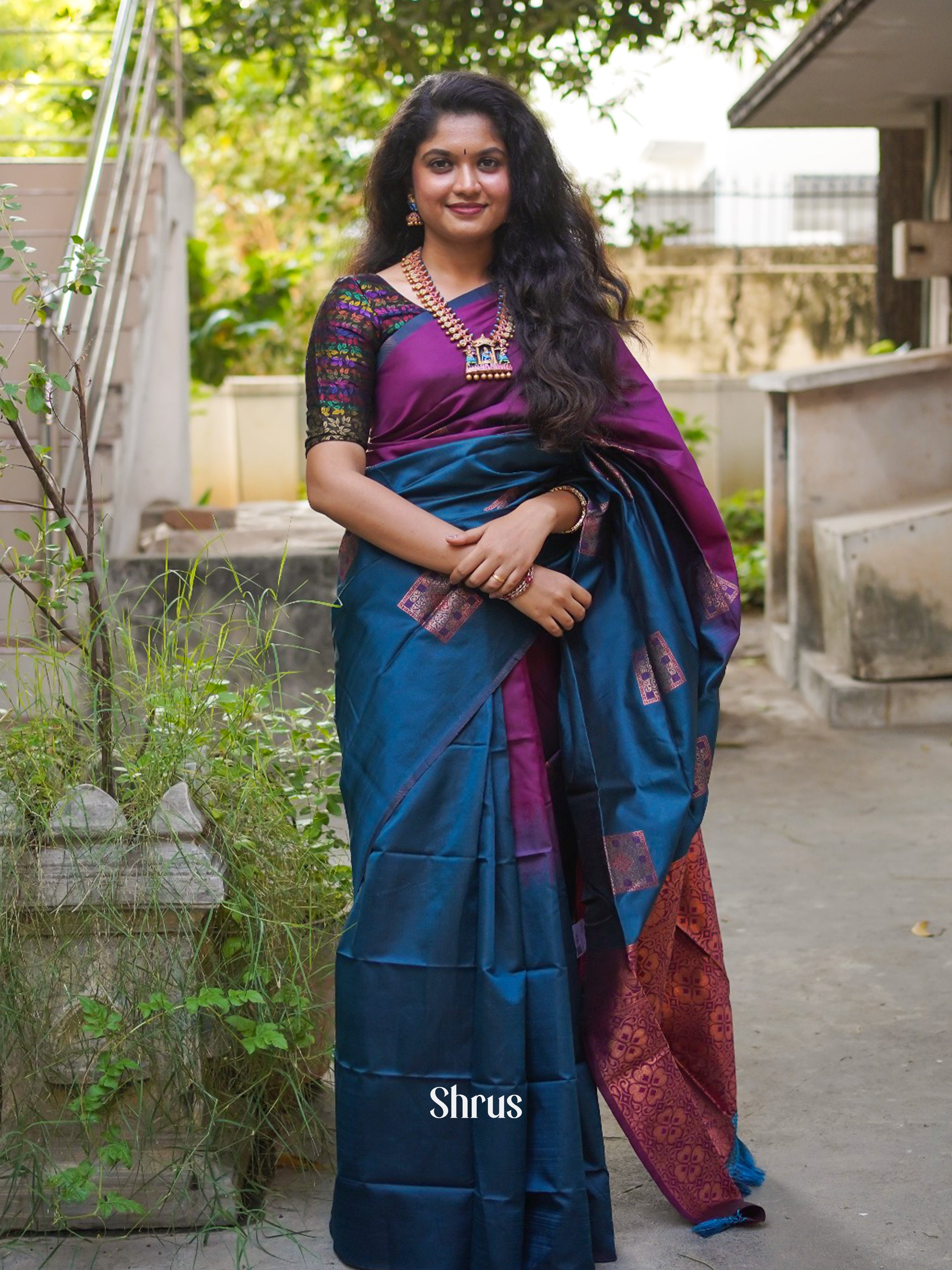 Blue And Wine- Semi Soft Silk Saree - Shop on ShrusEternity.com