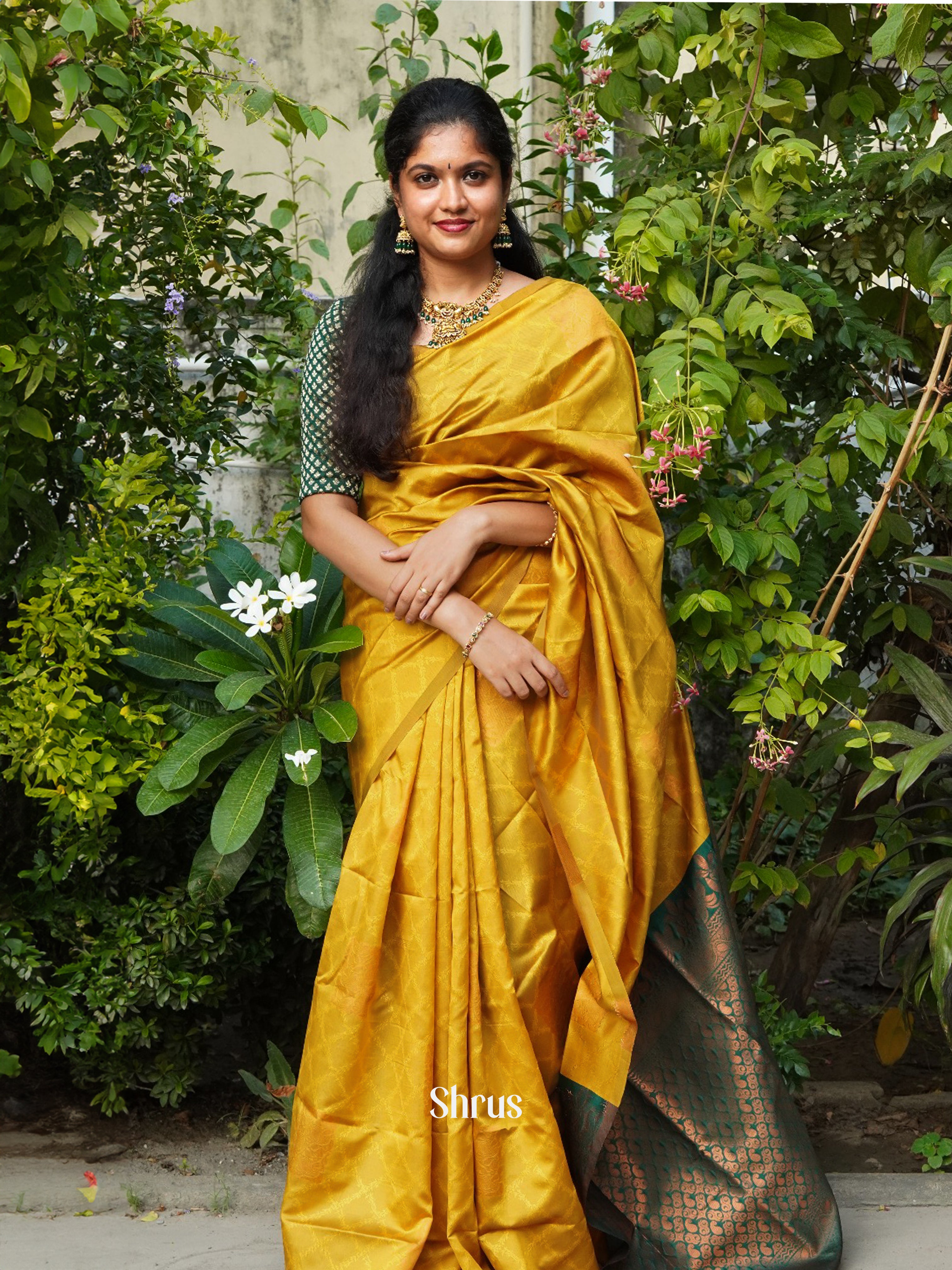 Mustard And Blue-Semi soft silk saree - Shop on ShrusEternity.com