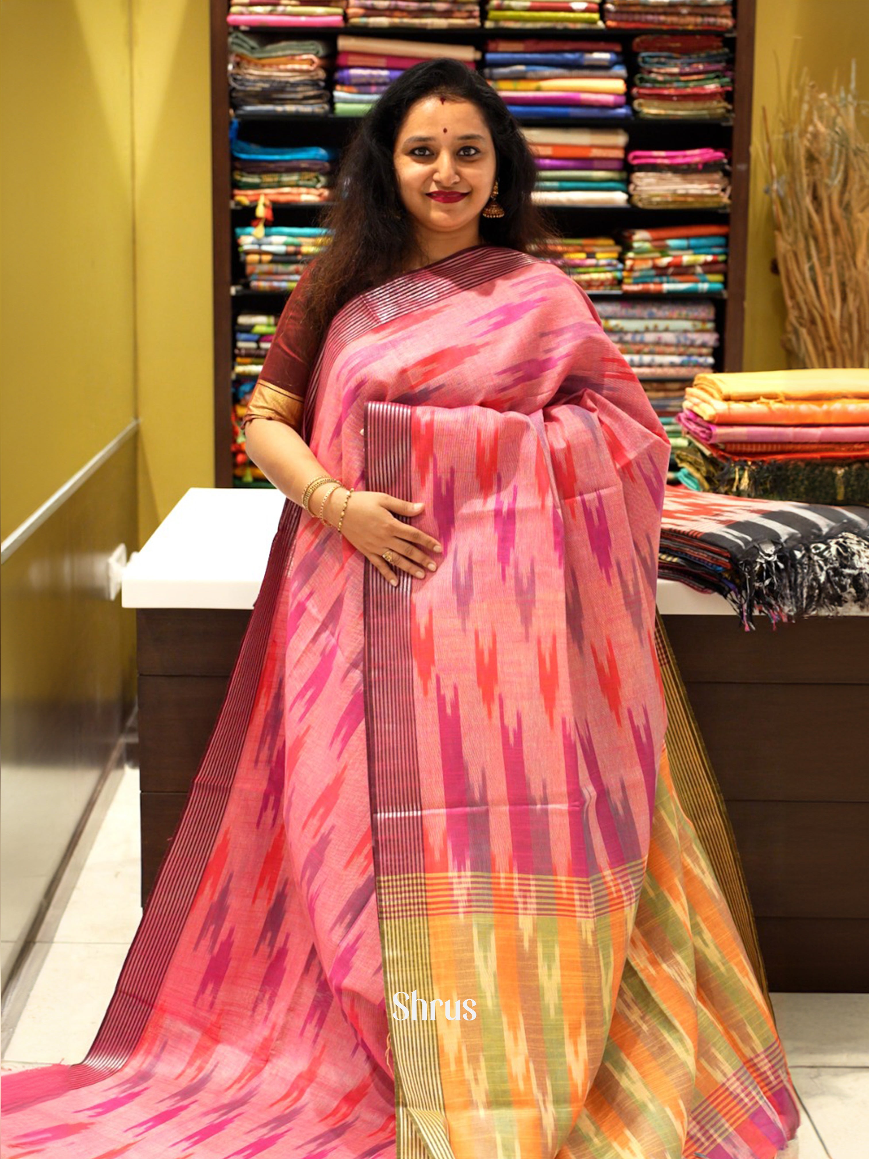 Pink & Green - Semi Ikkat Saree - Shop on ShrusEternity.com