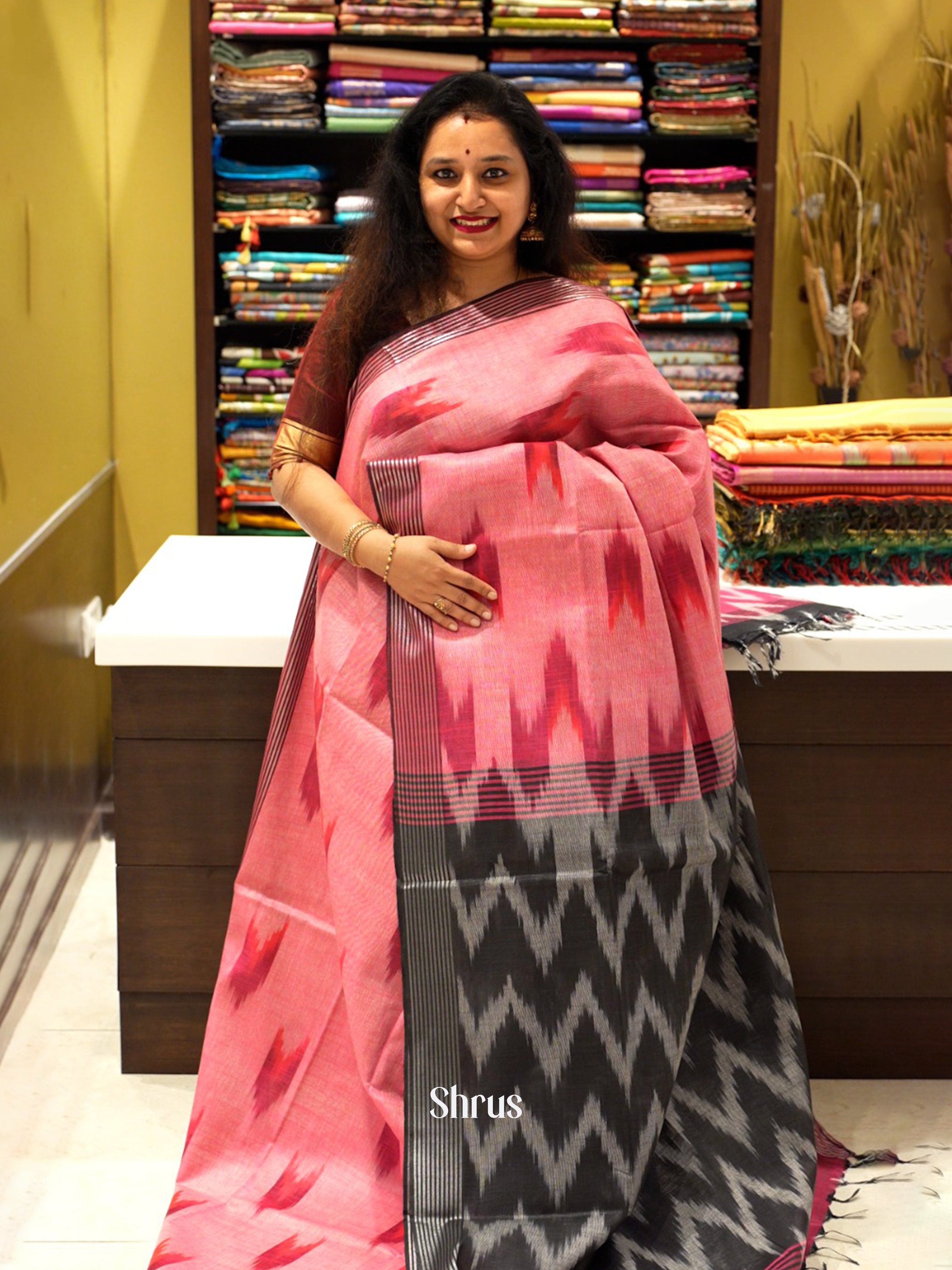 Pink & Grey - Semi Ikkat Saree - Shop on ShrusEternity.com