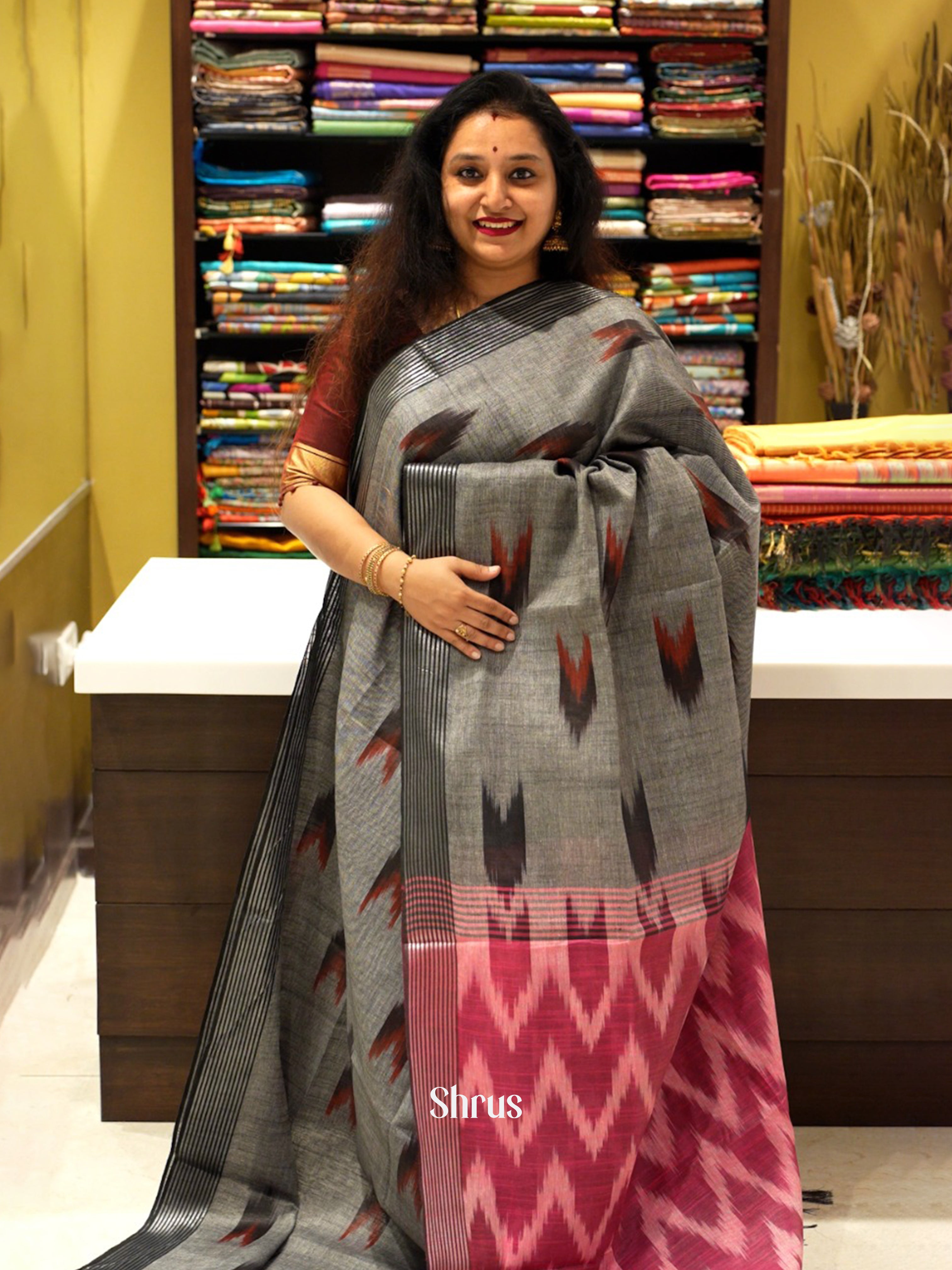 Grey & Pink - Semi Ikkat Saree - Shop on ShrusEternity.com