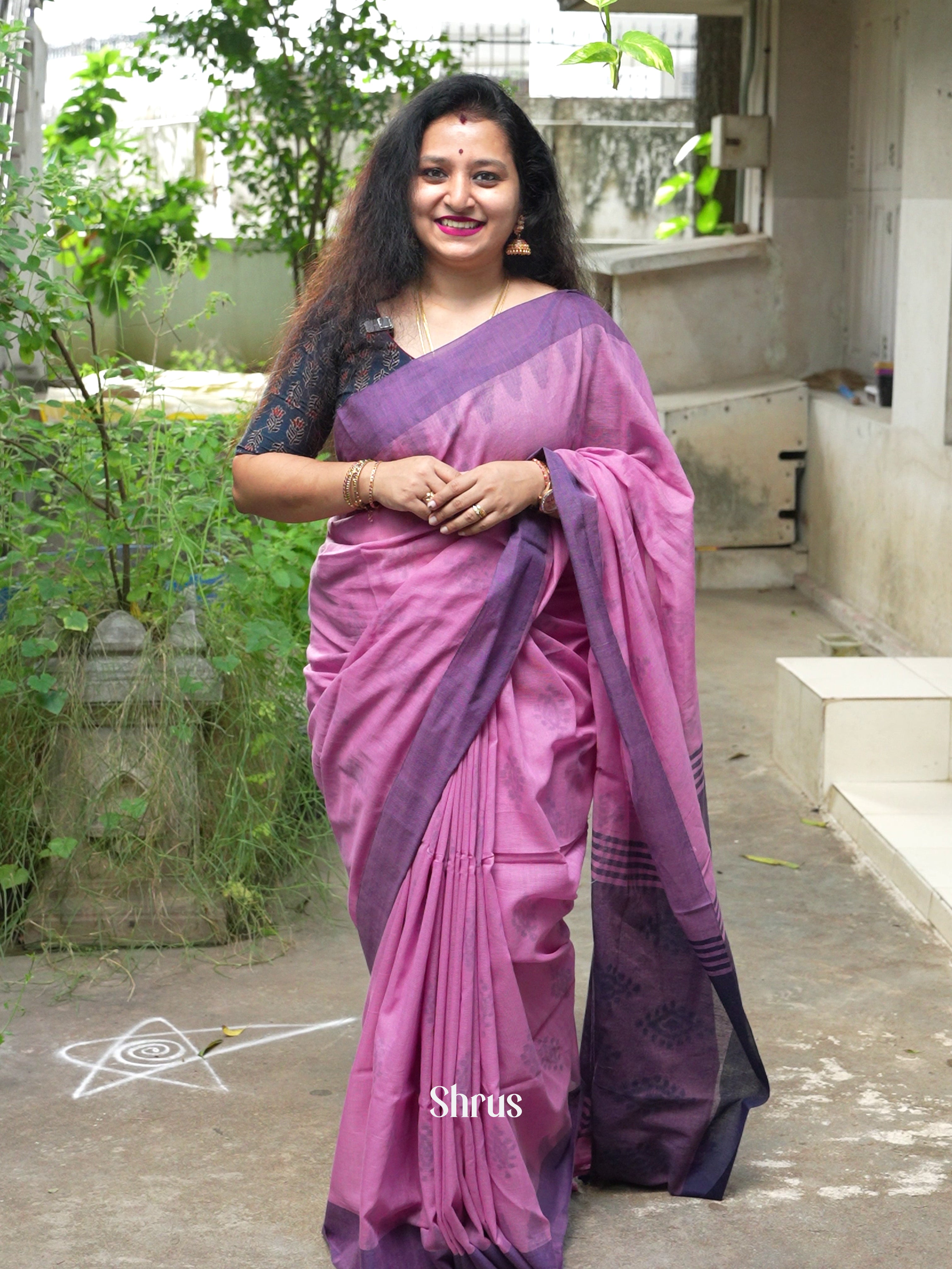 Pink & Purple - Semi Ikkat Saree