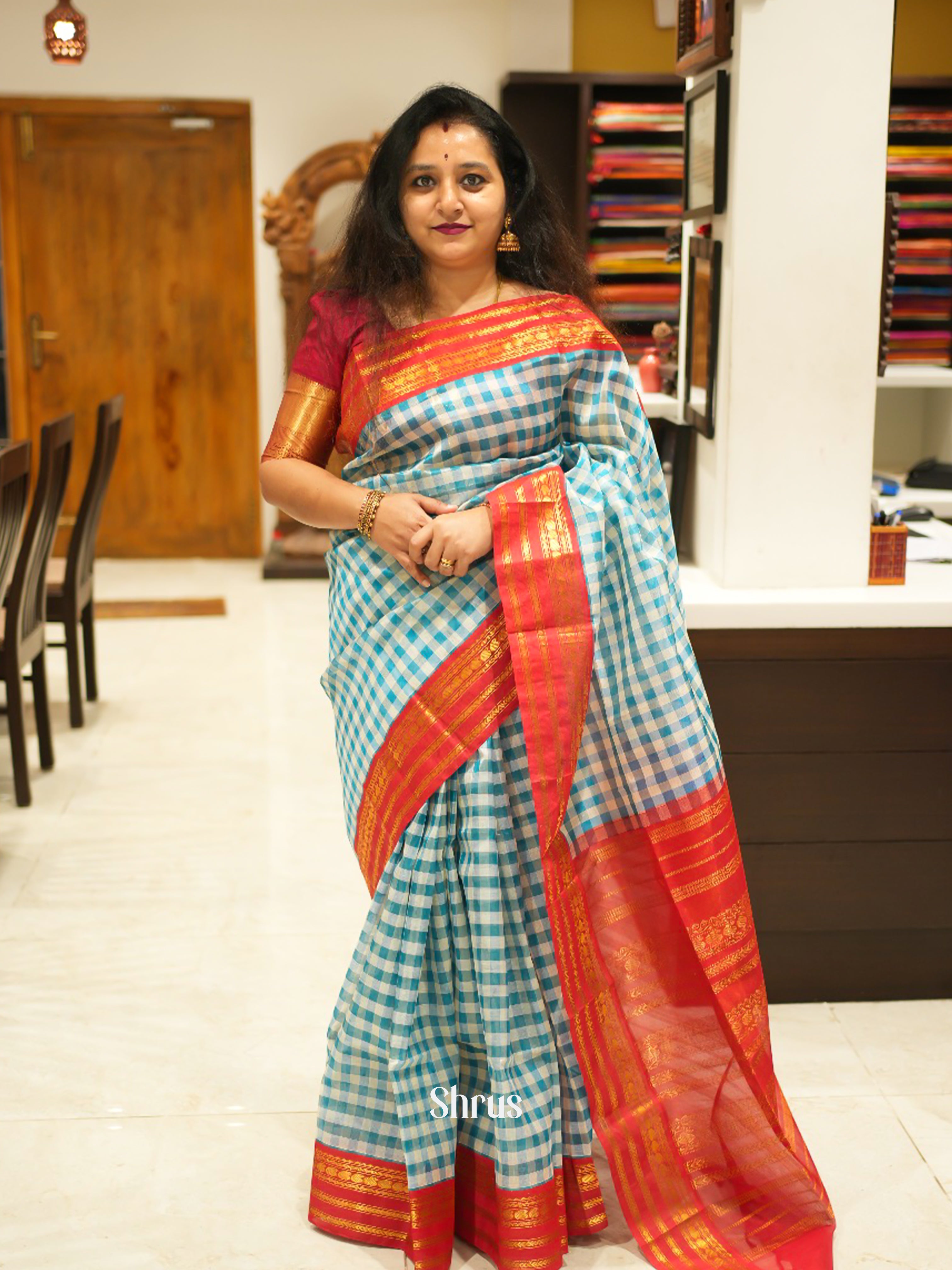 Blue & Red - Silk Cotton Saree