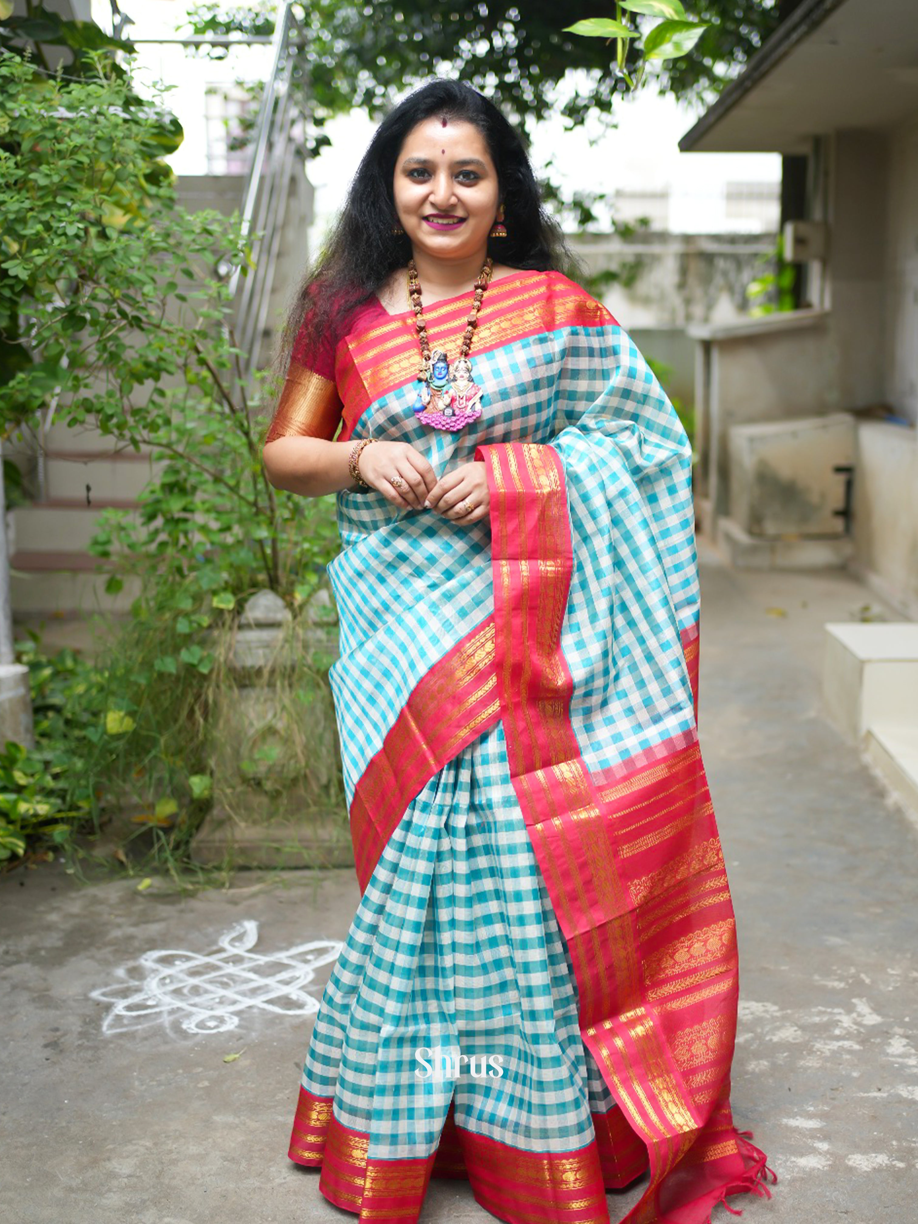 Blue & Red - Silk Cotton Saree