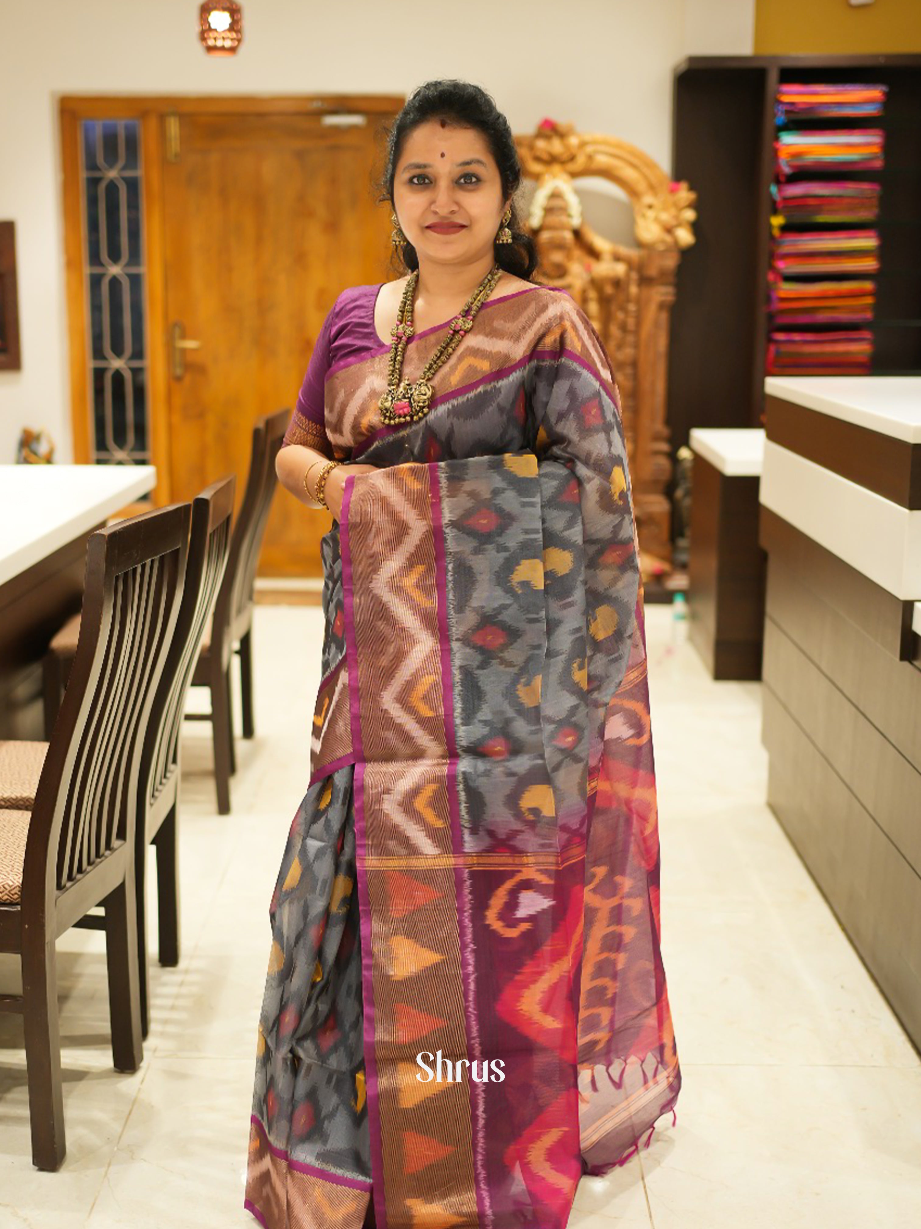 Grey & Majenta - Pochampally sico Saree