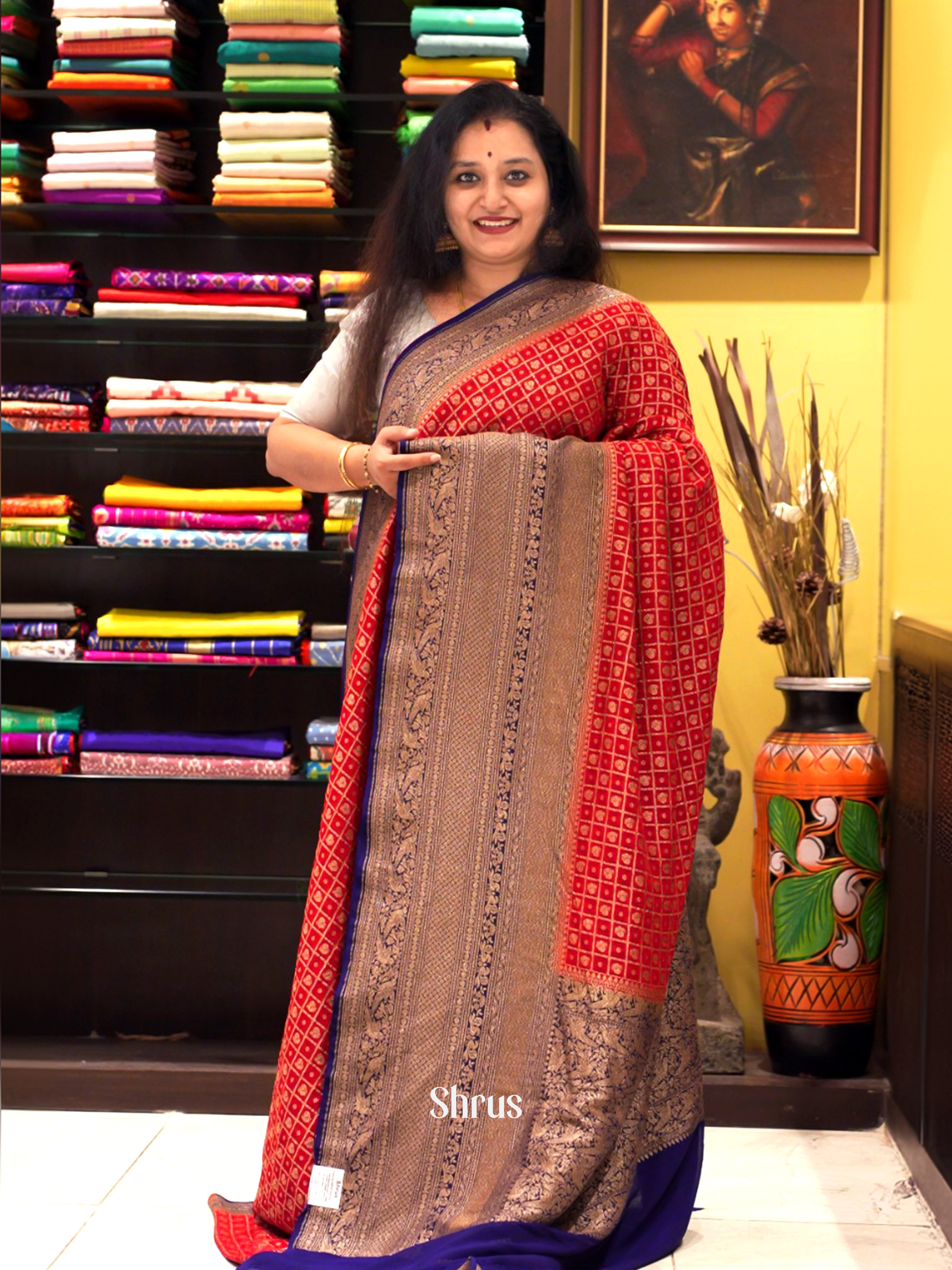 Red And Blue-Georgette Silk Saree