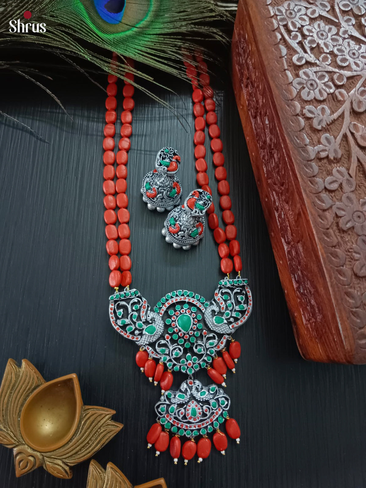 Orange Beads Peacock Pendant Haram- Accessories