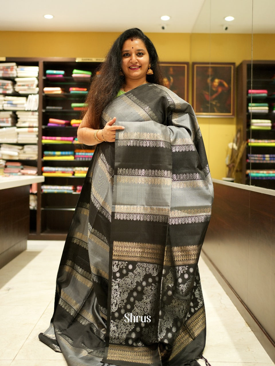 Grey And Black- Soft Silk Saree