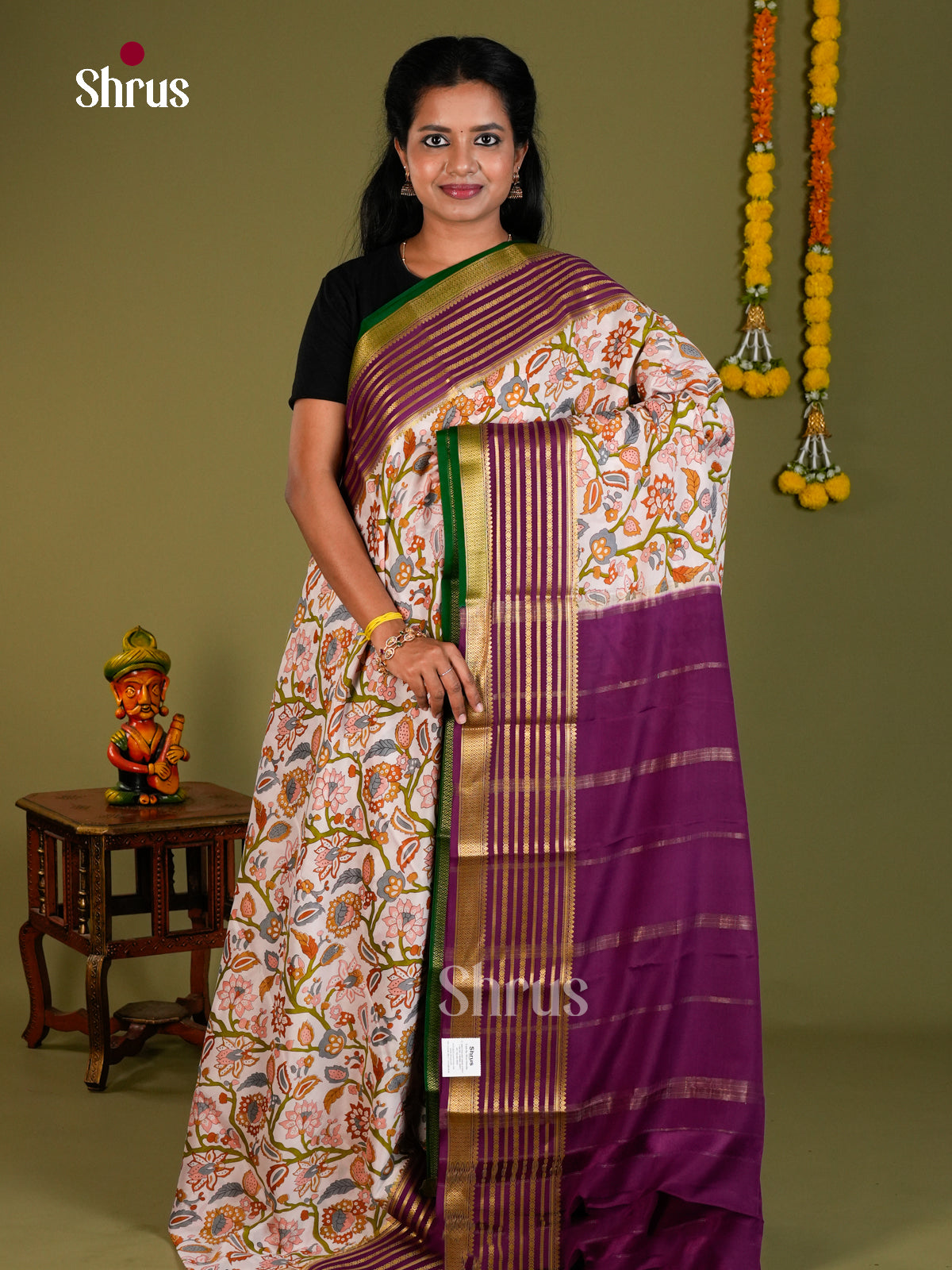 Buy Chic White Mysore Silk Saree with Kalamkari Print, Broad Violet Border With Zari Stripes & Chit Pallu