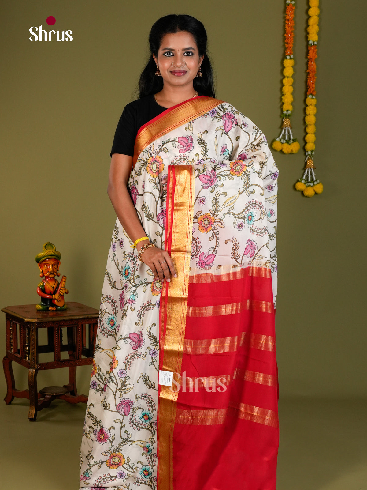 Buy Classic White Mysore Silk Saree with Kalamkari Style Floral Prints, Red Kaddi Zari Borde r& Pallu