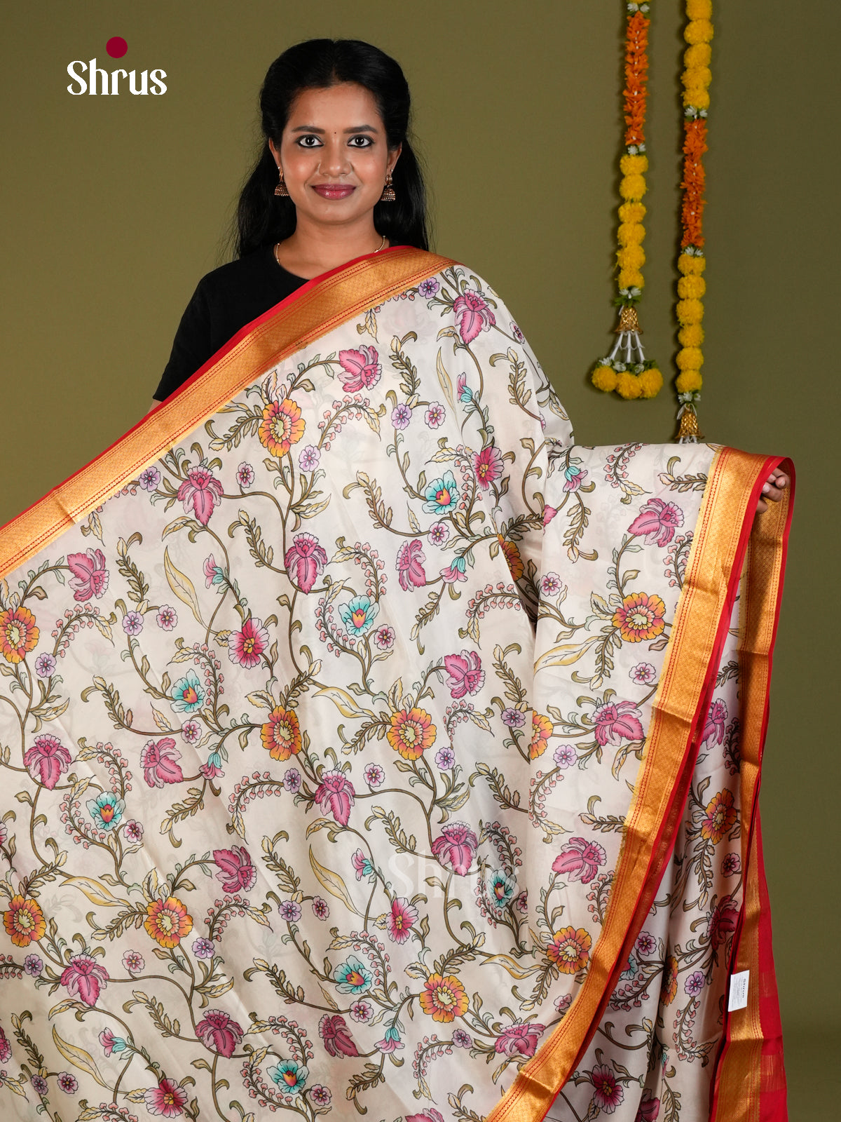 Buy Classic White Mysore Silk Sarees with Kalamkari Style Floral Prints, Red Kaddi Zari Borde r& Pallu