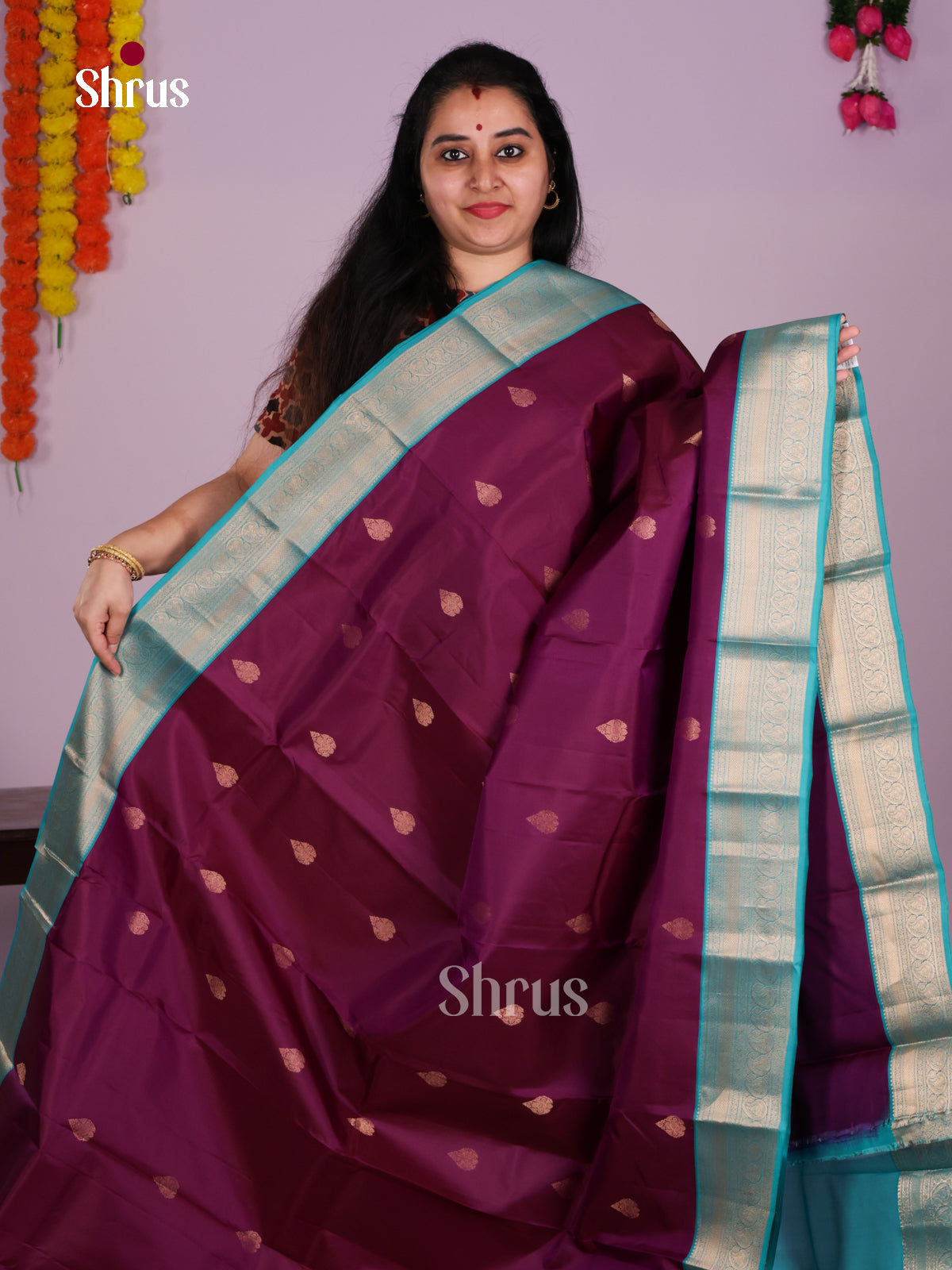 Buy Stunning Wine Kanchipuram Silk Sarees with Gold Buttas, Light Blue Border & Brocade Pallu