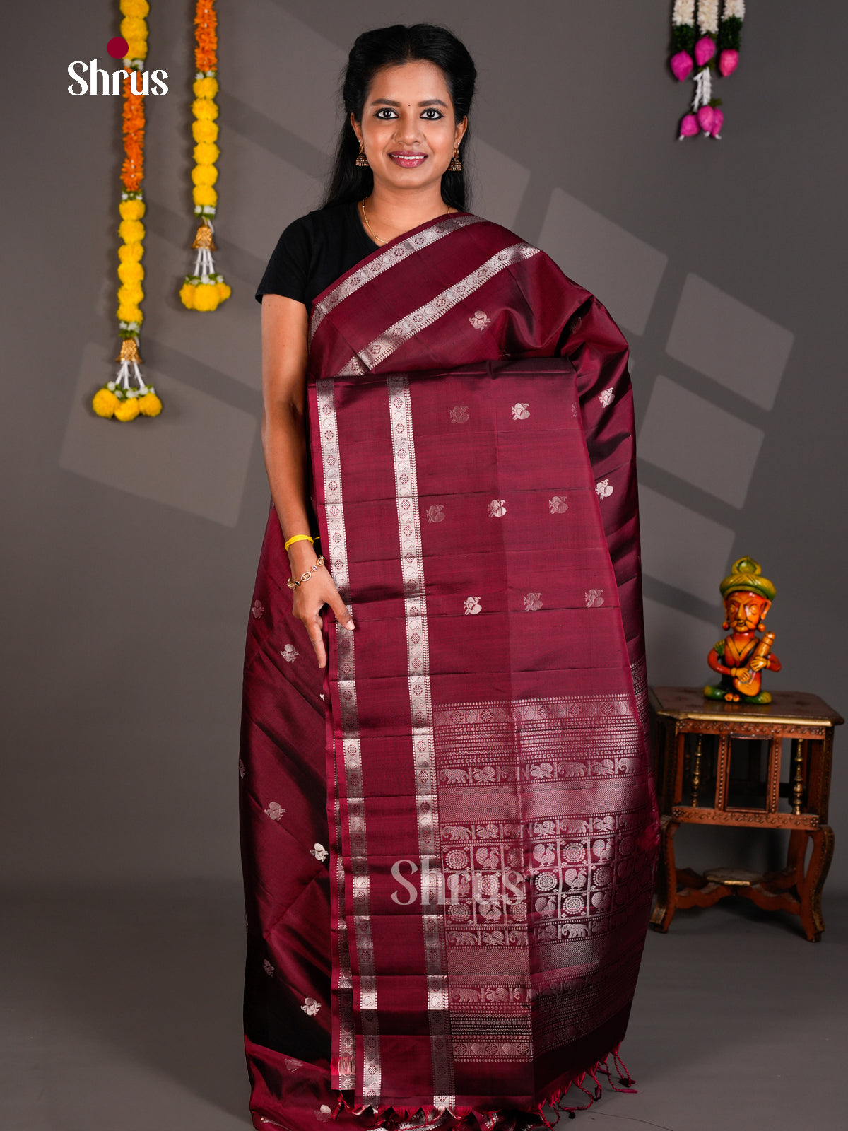 Buy Stately Wine Maroon Soft Silk Saree With Silver Zari Buttas & Rettaipet Border